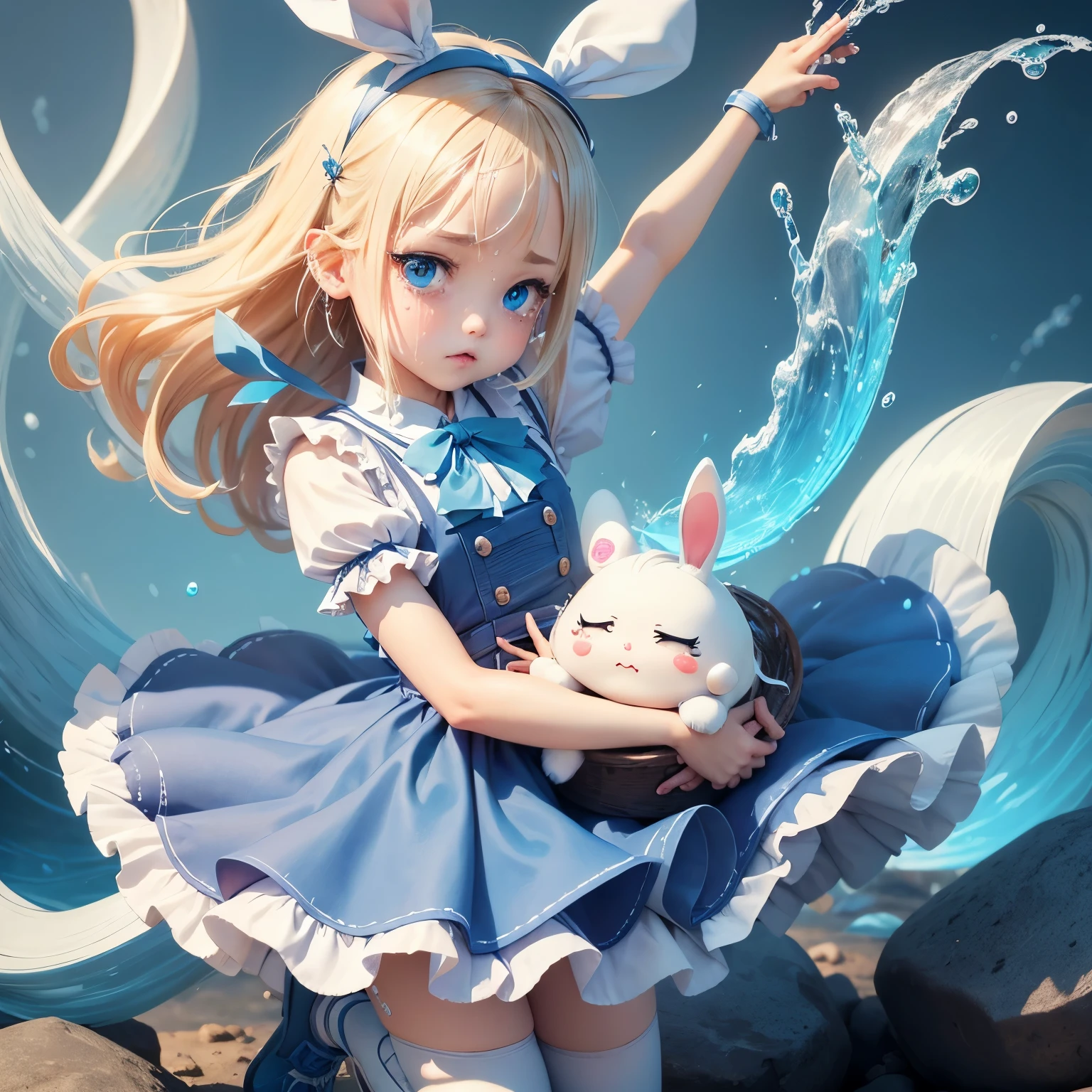 masterpiece、top-quality、ultra-detailliert、(Chibi character Alice:1.3),white bunny ears,Blue ribbon,blonde hair sways in the wind,Alice in Wonderland Cosplay,grimace,(Blue tears:1.5).white high socks with frills,blue flat shoes