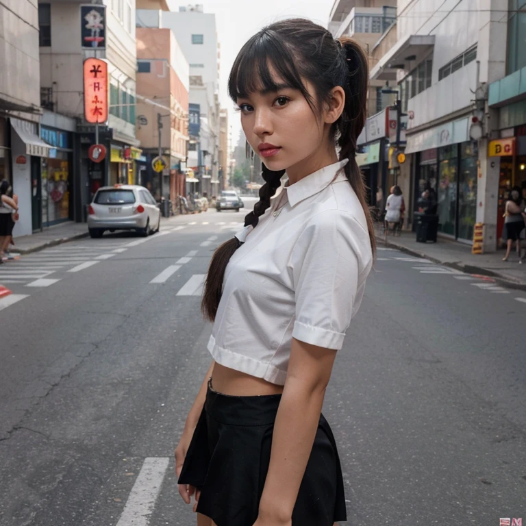 Beautiful girl, half Thai-Japanese face, super model figure, hands and feet have beautiful details. Wear a tight white shirt and a short black skirt. Standing on the side of a city street, she had tan skin, pigtails, bangs, and red lipstick on her lips. Full body tattoo