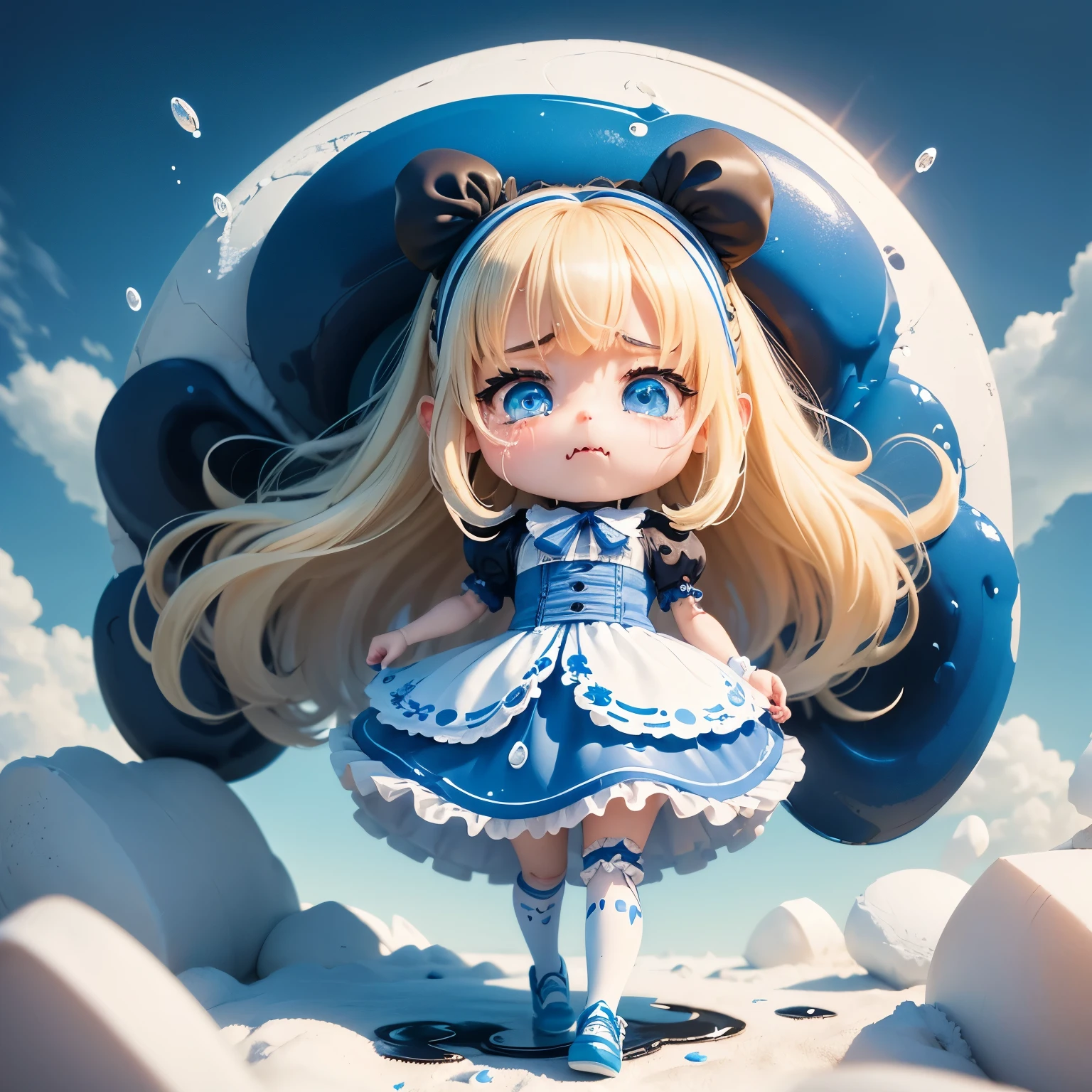 masterpiece、top-quality、ultra-detailliert、(Chibi character Alice:1.3),white bunny ears,Blue ribbon,blonde hair sways in the wind,Alice in Wonderland Cosplay,grimace,(blue inky tears:1.5).white high socks with frills,blue flat shoes