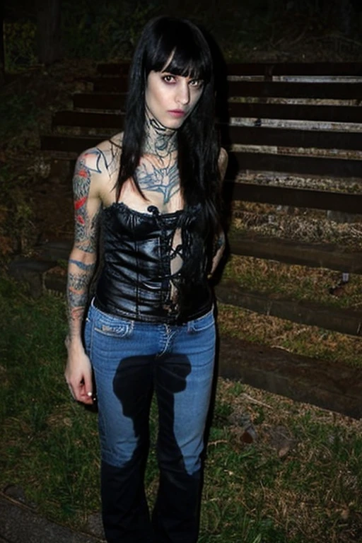 photo, woman, goth, ((peeing self)), black hair, bangs, tattoos, standing, skinny jeans, shocked, looking at camera, inside
