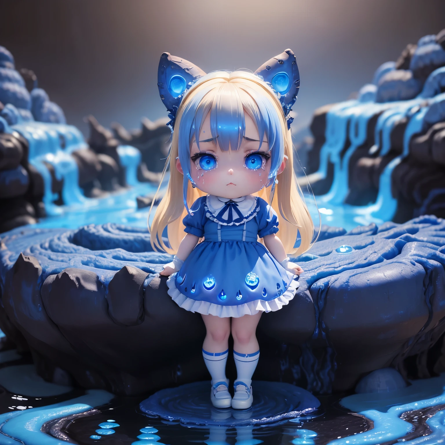 ​masterpiece、top-quality、ultra-detailliert、(Chibi character Alice:1.3),white bunny ears,Blue ribbon,blonde hair sways in the wind,Alice in Wonderland Cosplay,grimace,(blue lava tears:1.5).white high socks with frills,blue flat shoes