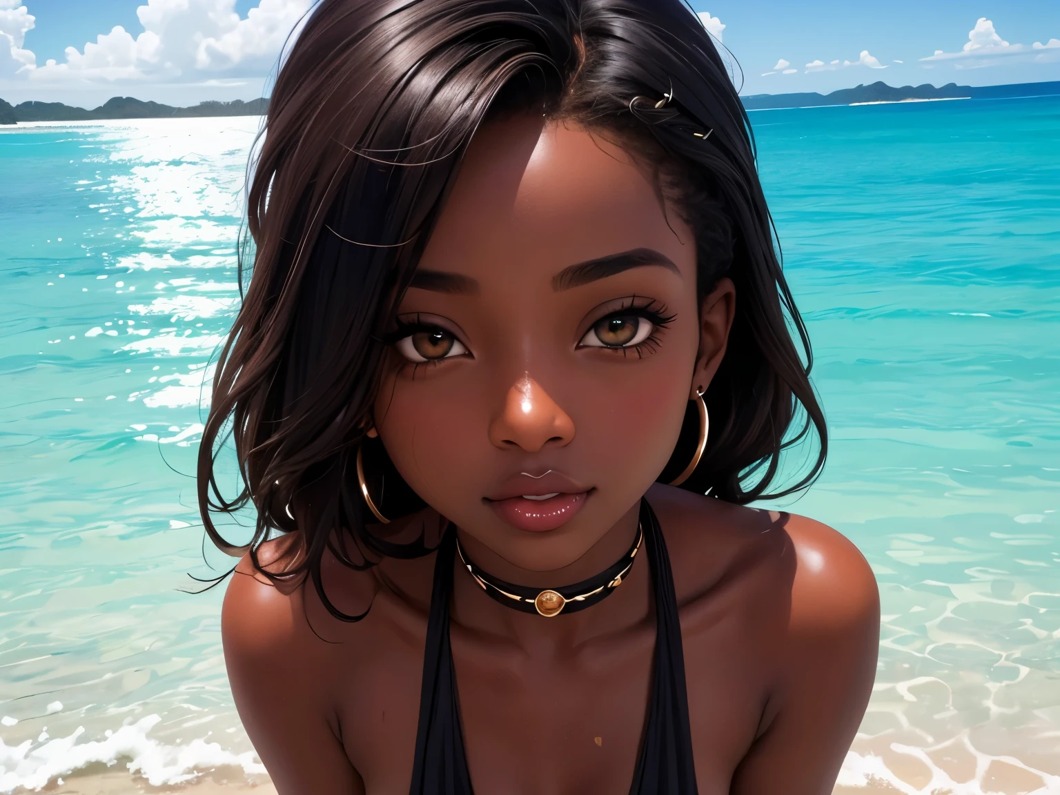 (nsfw, master part, best quality), Deep Ebony 1girl, beautiful face, Kimberly_Jackson, cachos suspensos, brown lips, corpo inteiro