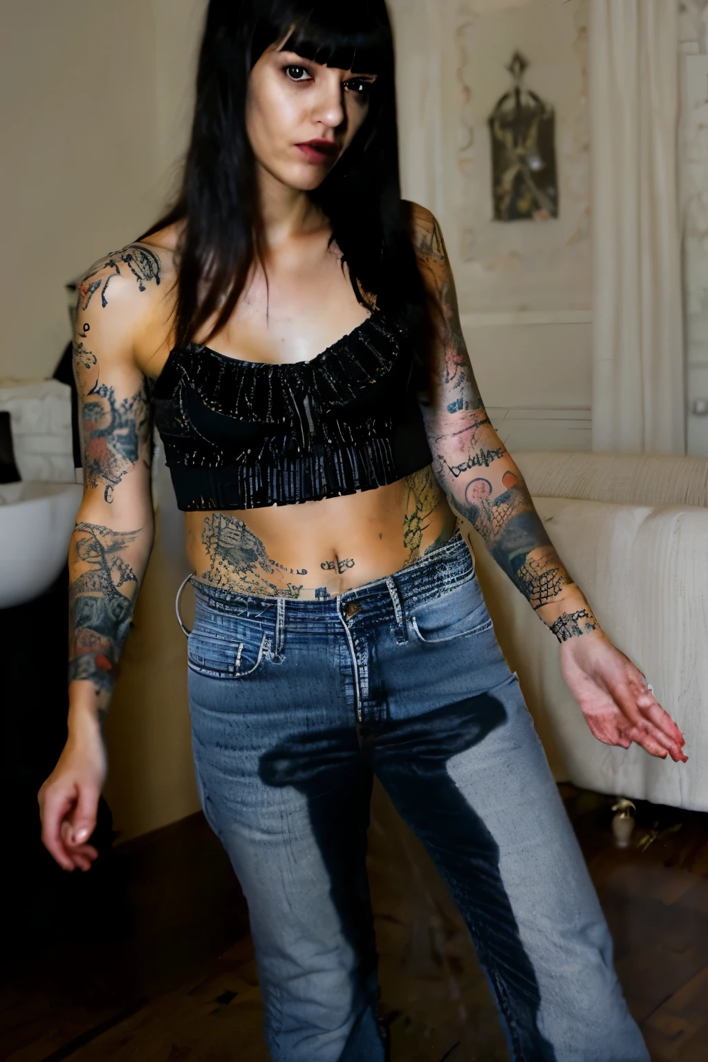 photo, woman, goth, ((peeing self)), black hair, bangs, tattoos, standing, jeans, shocked, looking at camera, inside