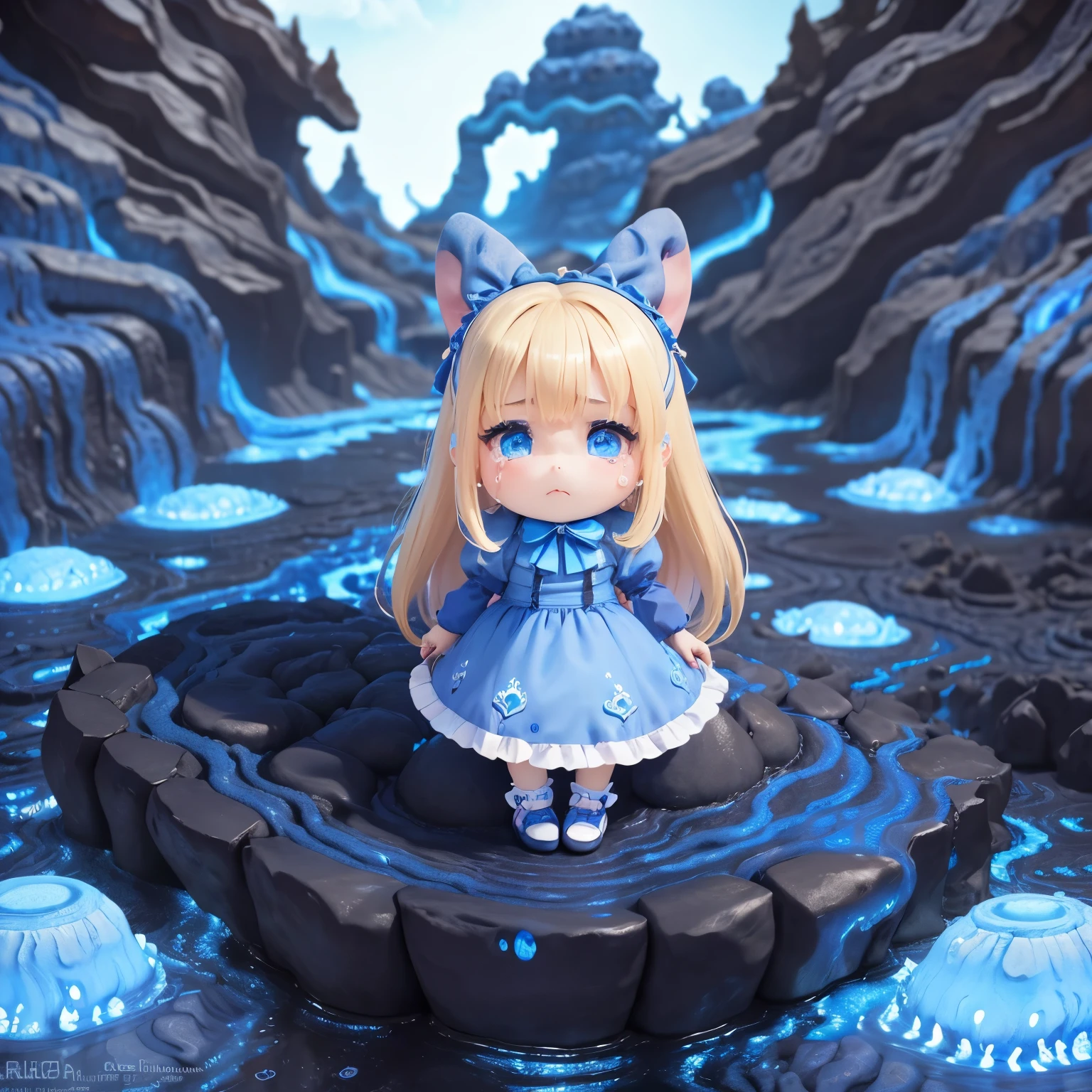 ​masterpiece、top-quality、ultra-detailliert、(Chibi character Alice:1.3),white bunny ears,Blue ribbon,blonde hair sways in the wind,Alice in Wonderland Cosplay,grimace,(blue lava tears:1.5).white high socks with frills,blue flat shoes