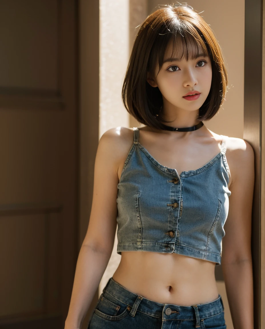 ((Medium chest, Bob Hare, small head)), Daylight, Sunlight, (well-defined abs: 1.1), (Perfect body: 1.1), (Bangs straight,Dark hair: 1.2), Russet Hair, Collar, chain, Full body photo, Shabby street, wearing a black tank top, Denim jacket, ((Highly detailed CG 8k wallpaper), (Extremely delicate and beautiful), (masutepiece), (Best Quality: 1.0), (Hyper-Resolution: 1.0), Beautiful lighting, Perfect Lightning, Realistic Shadows, [High resolution], detailed skins