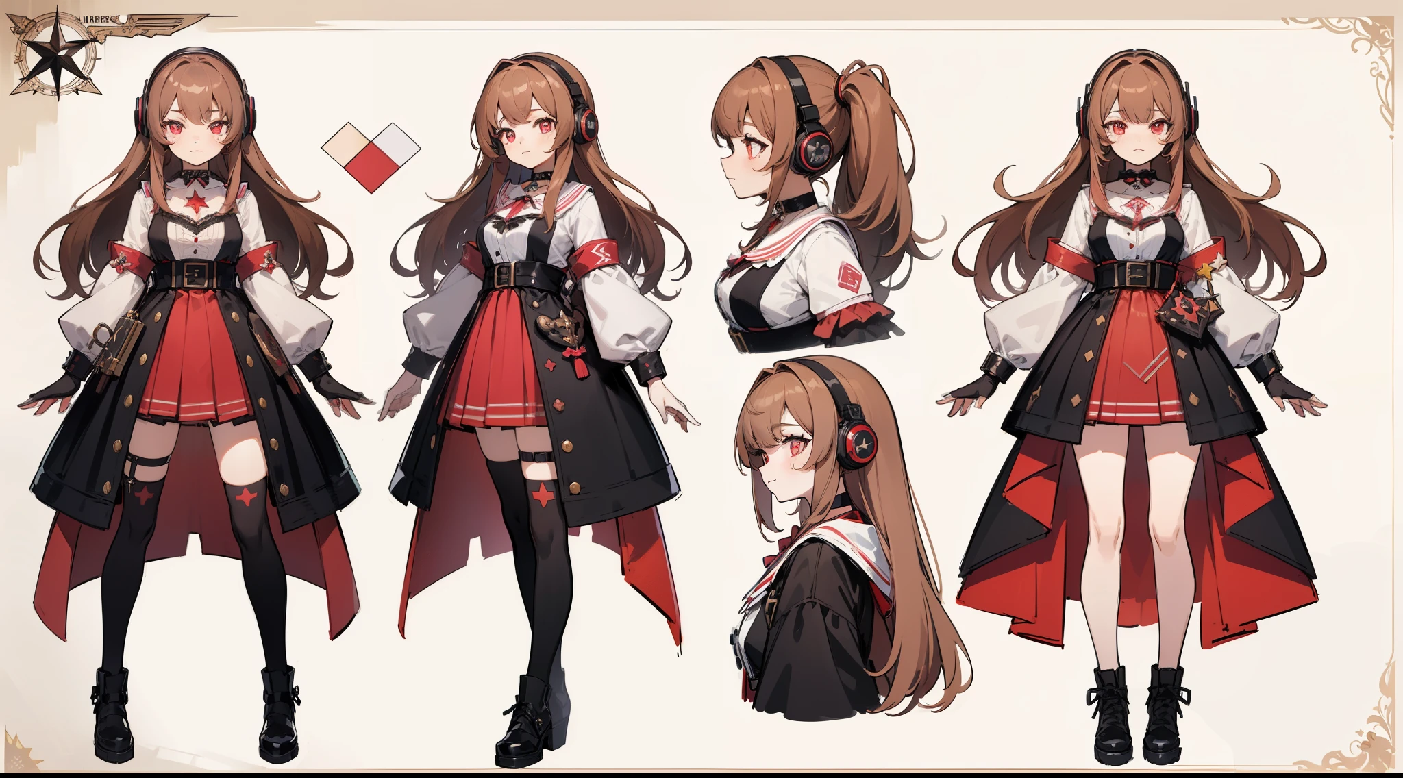 ((Masterpiece, highest quality)), detailed face, character sheet, Full body, full of details, multiple poses and expressions, highly detailed, depth, many parts, 1girl, girl in a skirt and headphones, :3, long hair, bangs, multicolored hair, two-tone hair, gradient hair, brown hair with pink tips, black bra, red skirt, gloves, stockings, black choker, red eyes, star (symbol), symbol-shaped pupils