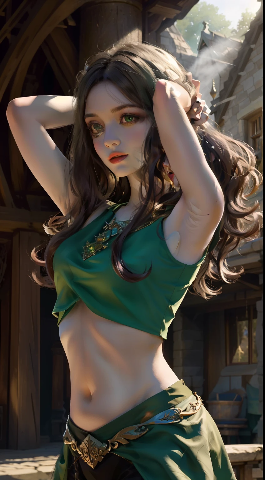 ((best quality)),In a medieval fantasy world, Layla is depicted as an elf, showcasing a blend of mystical and modern styles. She is wearing a sleeveless crop top that ends at her midriff, with her arms fully exposed without any accessories. In this pose, Layla is raising both arms high, fully revealing her underarms, either in a stretch or adjusting her hair, highlighting her elven grace and physical form. Her long black hair flows freely, and her bright green eyes add to her expressive, enchanting appearance. The background is a medieval town illuminated by sunlight, emphasizing the magical atmosphere. This image captures Layla's elven essence and modern attire in a dynamic and elegant pose.