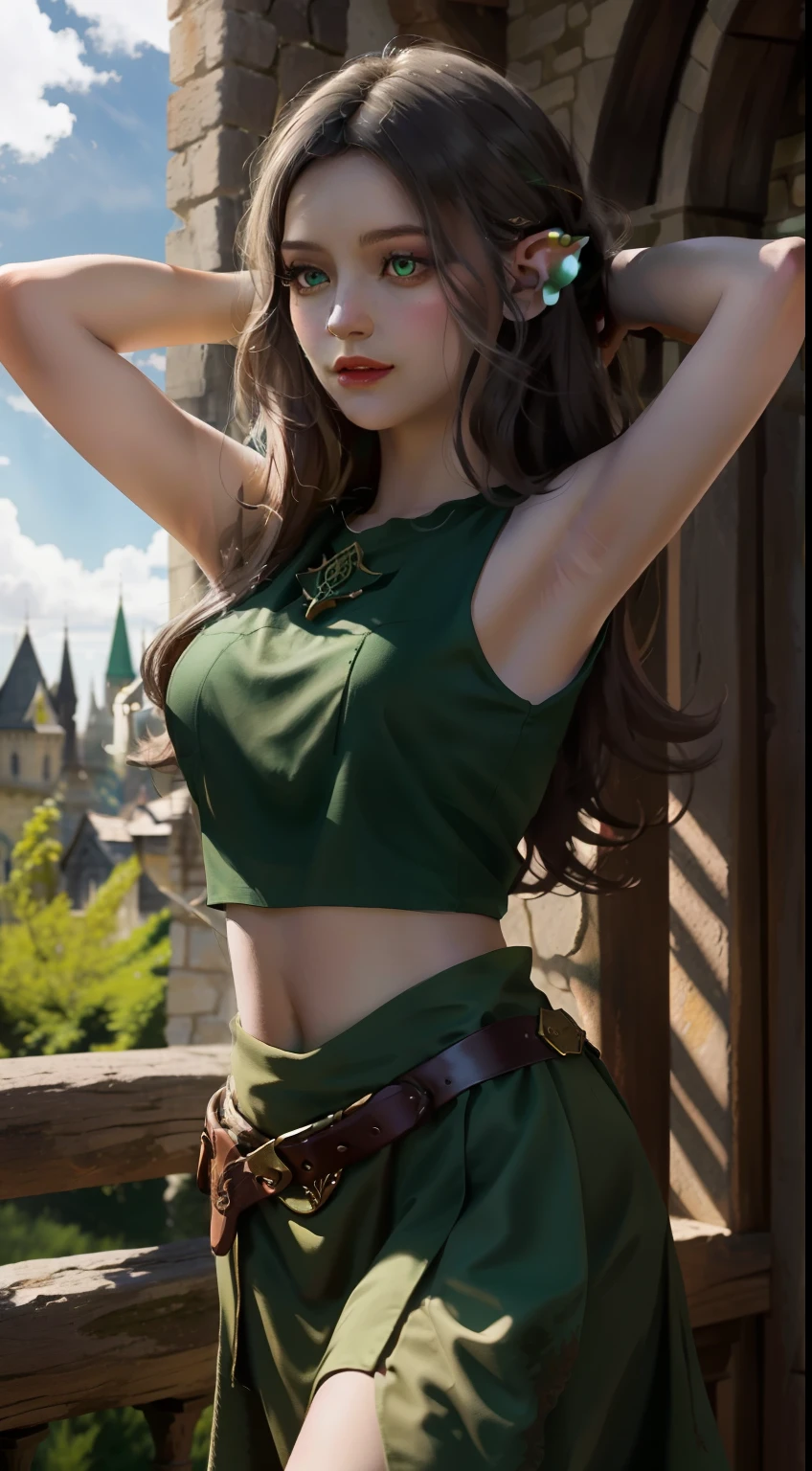 ((best quality)),In a medieval fantasy world, Layla is depicted as an elf, showcasing a blend of mystical and modern styles. She is wearing a sleeveless crop top that ends at her midriff, with her arms fully exposed without any accessories. In this pose, Layla is raising both arms high, fully revealing her underarms, either in a stretch or adjusting her hair, highlighting her elven grace and physical form. Her long black hair flows freely, and her bright green eyes add to her expressive, enchanting appearance. The background is a medieval town illuminated by sunlight, emphasizing the magical atmosphere. This image captures Layla's elven essence and modern attire in a dynamic and elegant pose.