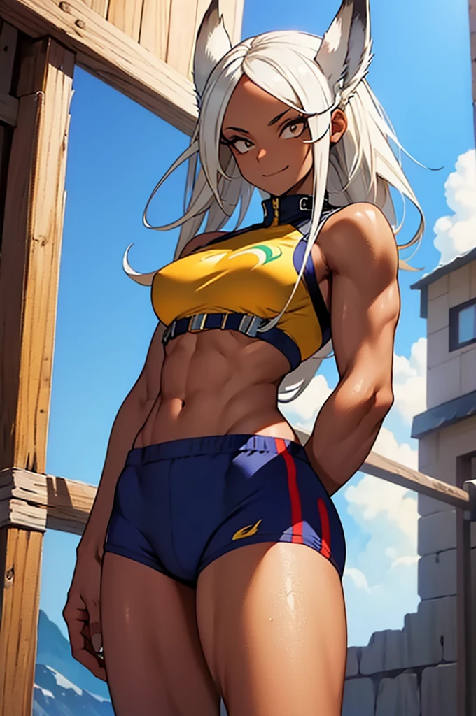 linda mulher morena, Mirko, boku no hero academia, Orelhas de coelho, ((dark skinned female)), ((pele escura)), olhos vermelhos, Mangas, luvas brancas, malha de perna alta, (cabelos brancos, cabelos longos), seios grandes, colar de pele, coxas roxas, malha branca, Noite, Olhando para o Viewer, Sorriso, House, cama, musculoso, Muscle, barriga