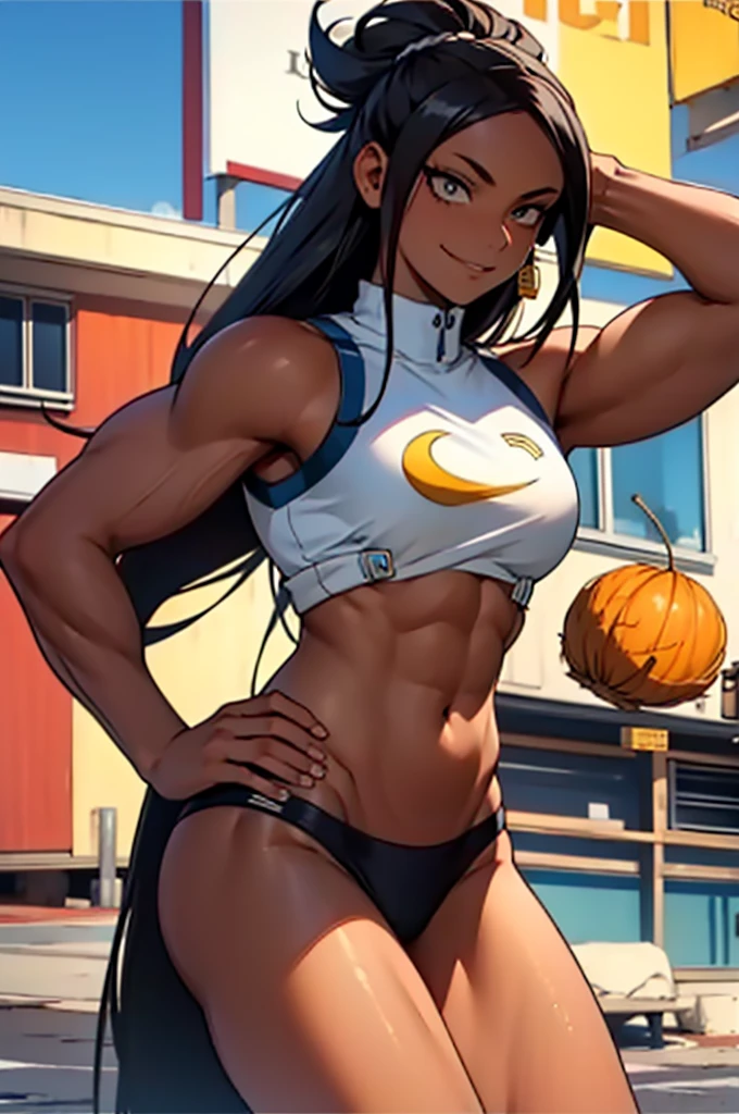 linda mulher morena, Mirko, boku no hero academia, Orelhas de coelho, ((dark skinned female)), ((pele escura)), olhos vermelhos, Mangas, luvas brancas, malha de perna alta, (cabelos brancos, cabelos longos), seios grandes, colar de pele, coxas roxas, malha branca, Noite, Olhando para o Viewer, Sorriso, House, cama, musculoso, Muscle, barriga