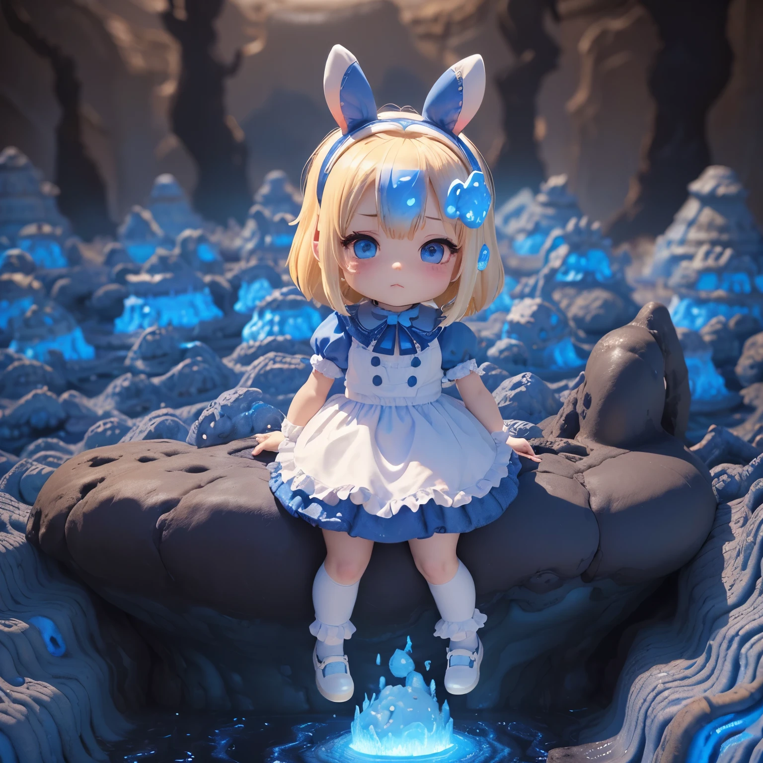 ​masterpiece、top-quality、ultra-detailliert、(Chibi character Alice:1.3),white bunny ears,Blue ribbon,blonde hair sways in the wind,Alice in Wonderland Cosplay,grimace,(Blue lava overflows from my eyes:1.5).white high socks with frills,blue flat shoes