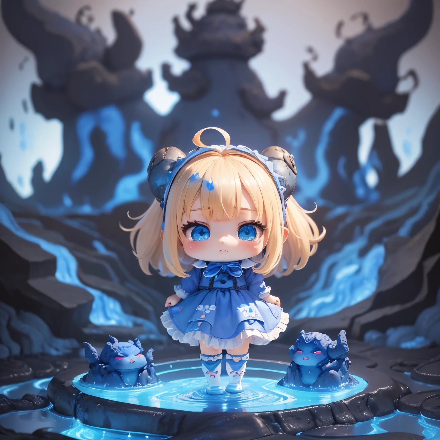 masterpiece、top-quality、ultra-detailliert、(Chibi character Alice:1.3),white bunny ears,Blue ribbon,blonde hair sways in the wind,Alice in Wonderland Cosplay,grimace,(Blue lava overflows from my eyes:1.5).white high socks with frills,blue flat shoes