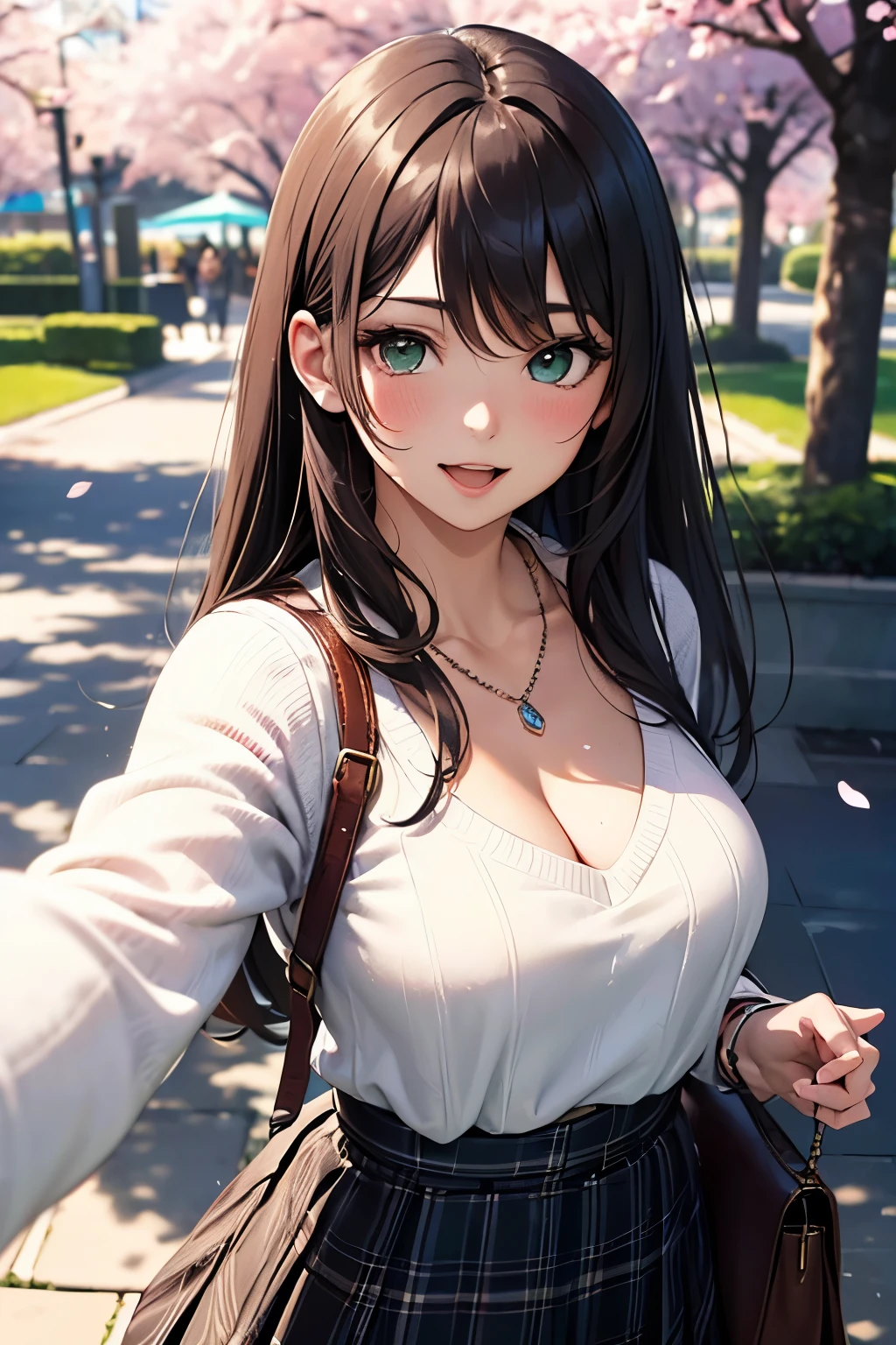 ((masutepiece, Best Quality, hight resolution, nffsw, Perfect Pixel, depth of fields, 4K, nffsw, nffsw))), 1girl in, Single, Solo, Beautiful anime girl, Beautiful Art Style, Anime Character, ((Long hair, Bangs, Brown hair)), ((Green eyes:1.4, rounded eyes, Beautiful eyelashes, Realistic eyes)), ((Detailed face, Blushing:1.2)), ((Smooth texture:0.75, Realistic texture:0.65, Photorealistic:1.1, Anime CG style)), ((medium breasts, cleavage, busty)), Dynamic Angle, Perfect body, ((POV, Selfie Pose, Portrait)), ((White sweater, Long sleeve, Black skirt, plaid skirts, Fashionable, 1 handbag, 1 diamond necklace)), Smile, Open mouth, amusement park, ((The cherry tree, Cherry blossoms fall))