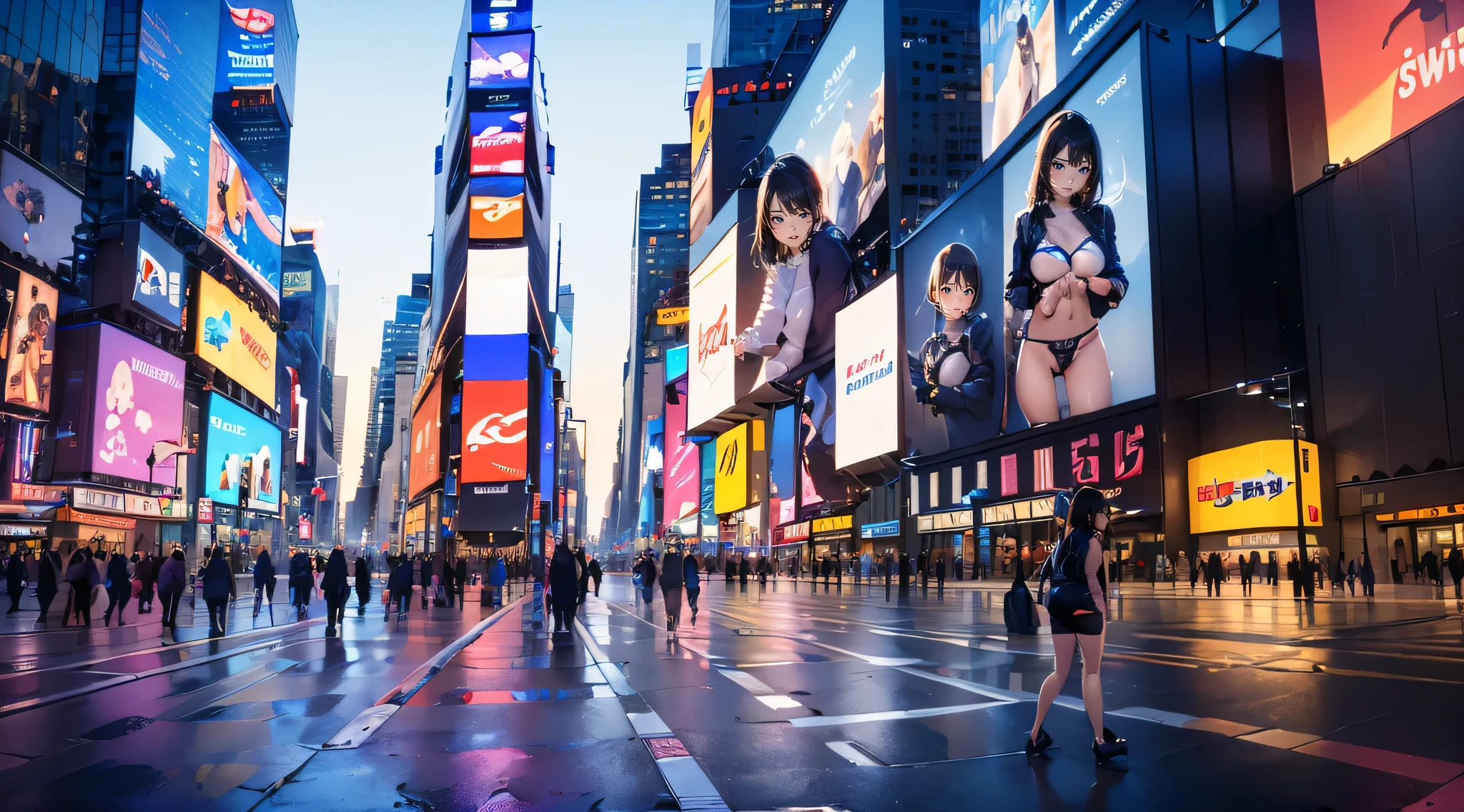(((landscape image at the times square, the person is limited to the digital billboards))), (((the digital billboards show women showing their panties and masturbating))),