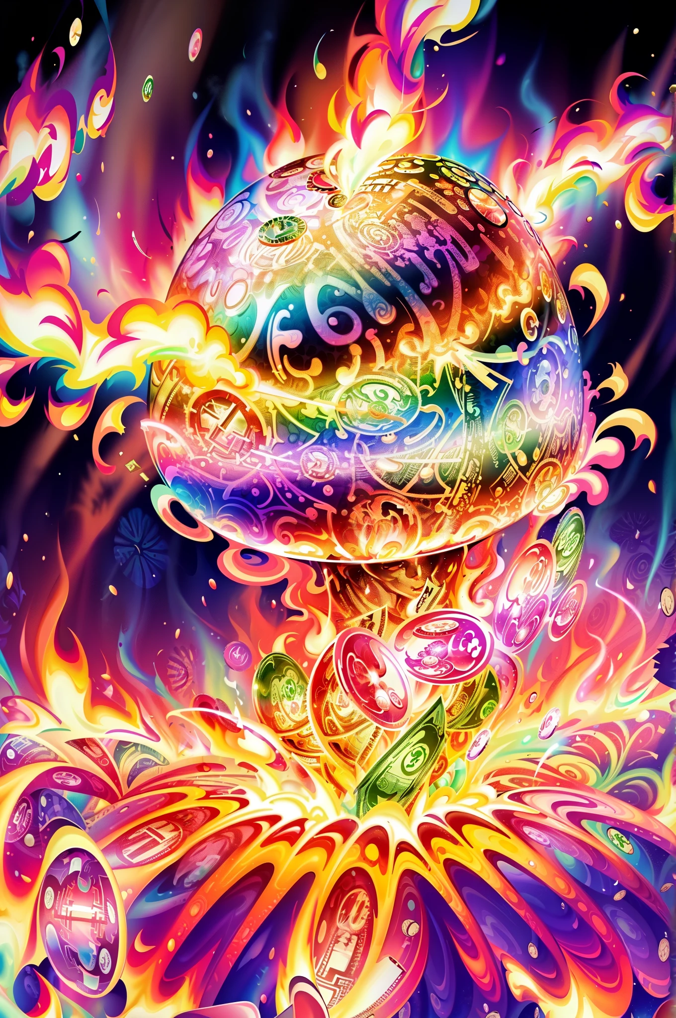 Create a psychedelic illustration of money burning, trippy