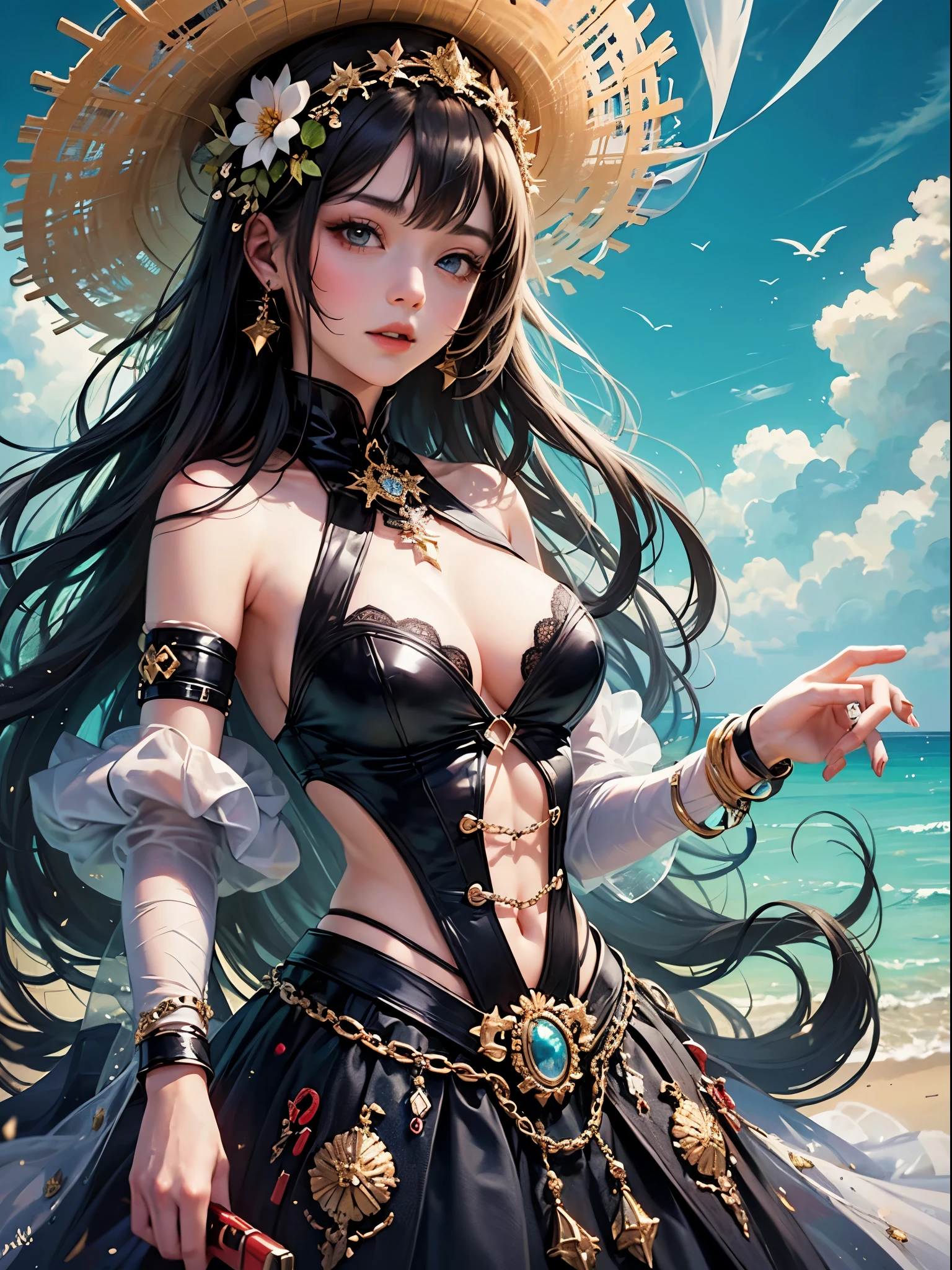 art, Unity 8k壁纸, Ultra-detailed, Beautiful and aesthetically pleasing, (s fractal art: 1.3),  flower, girls, (Hairstyles: Long hair) Ocean, Extremely detailed, Cowboy shot, The most beautiful, Seafoam, Buble, cute big breasts, ultra quality, random background, random dress, --auto --s2