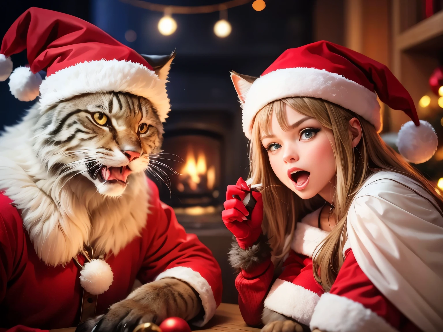 Christmas wolverines and lynx, angry, looking at camera, with Santa hat
