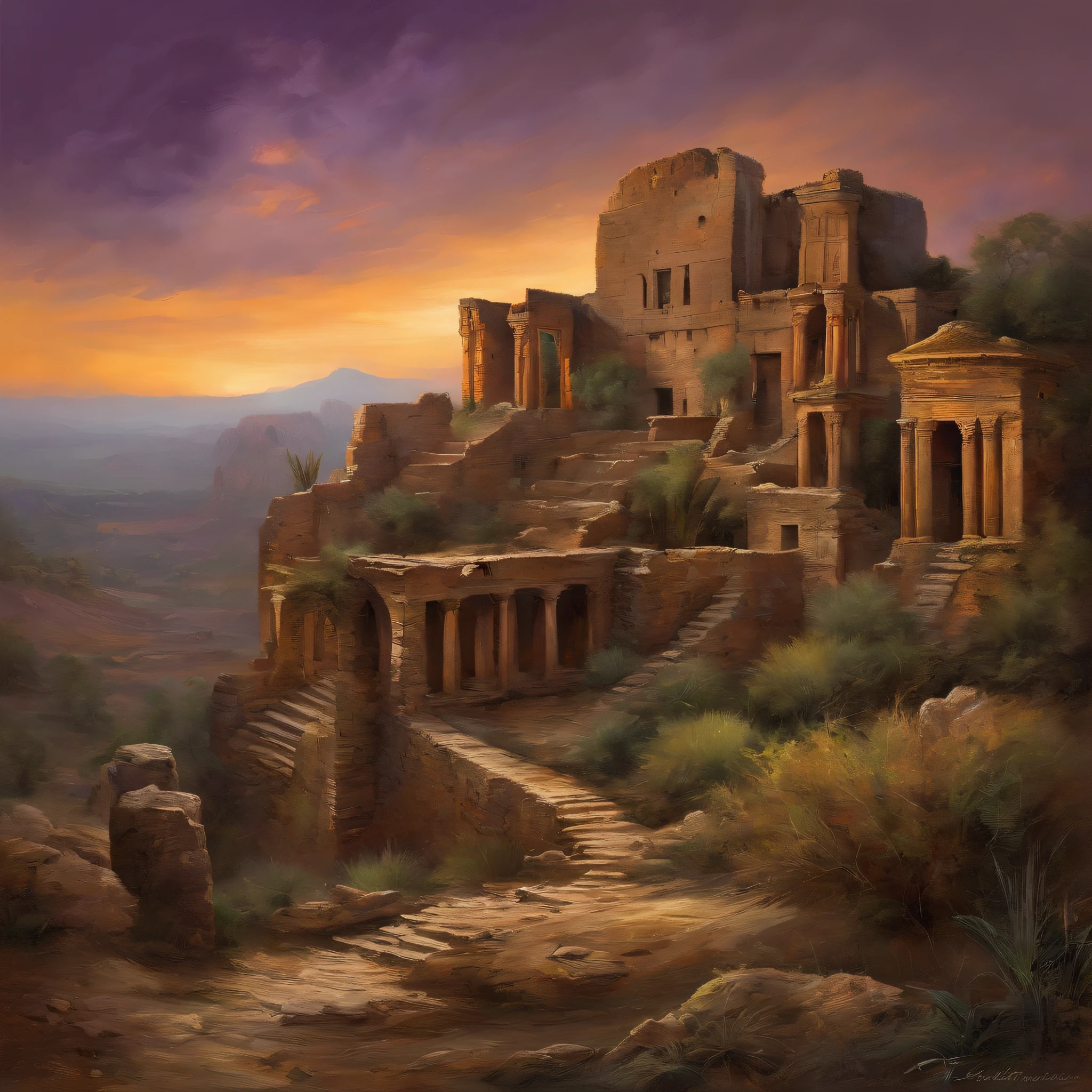 Mysterious ancient ruins,oil painted,Detailed and weathered ruins,Purple sky,safe,intricately carved、Impressive architectural structure,The ruins are covered with lush vegetation,Best quality,ultra - detailed,professional,rich palette,deep shading,Highlights are vibrant,Dramatic lighting with highlights and shadows、indirect ambient lighting、Earthy and metallic tones。