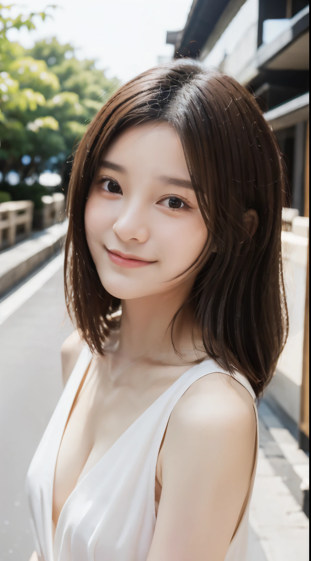 Young japanese lady, 30s, white backgrounid, It features a simple背景, white-brown hair, slender, 4K, 8K, High quality, Beauty, Smile, Beautiful eyes, It features a simple, High resolution,1 person
