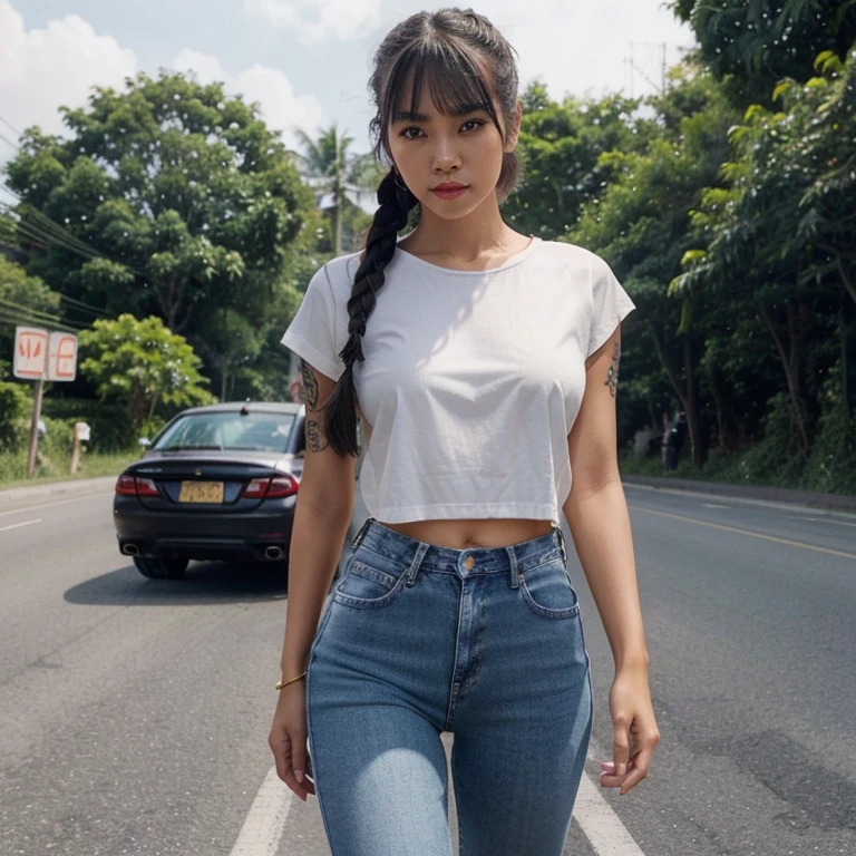 Beautiful girl, half Thai-Japanese face, super model figure, hands and feet have beautiful details. Wear a thin white shirt Black low waisted long jeans Standing on the side of the road in Thailand, she has tanned skin, braids, bangs, and red lipstick on her lips. Full body tattoo