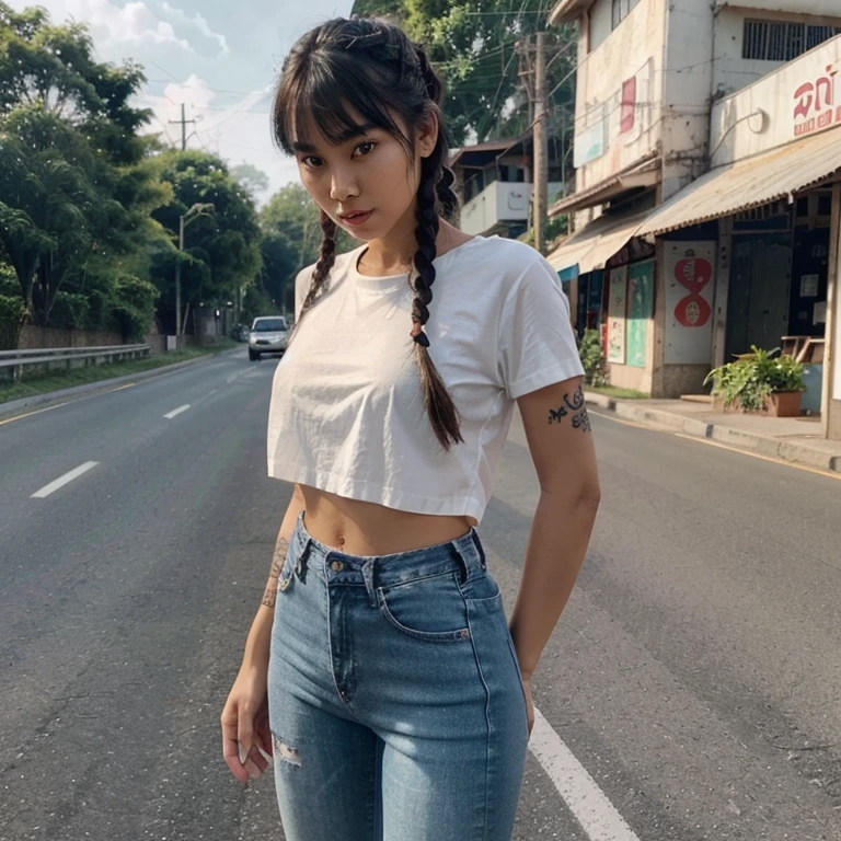 Beautiful girl, half Thai-Japanese face, super model figure, hands and feet have beautiful details. Wear a thin white shirt Black low waisted long jeans Standing on the side of the road in Thailand, she has tanned skin, braids, bangs, and red lipstick on her lips. Full body tattoo