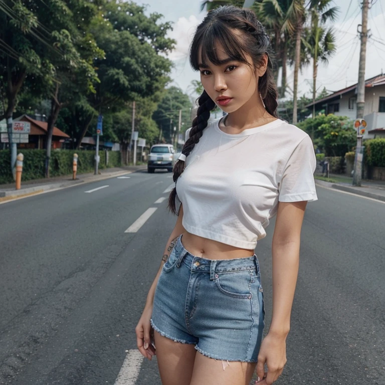 Beautiful girl, half Thai-Japanese face, super model figure, hands and feet have beautiful details. Wear a thin white shirt Black low waisted long jeans Standing on the side of the road in Thailand, she has tanned skin, braids, bangs, and red lipstick on her lips. Full body tattoo