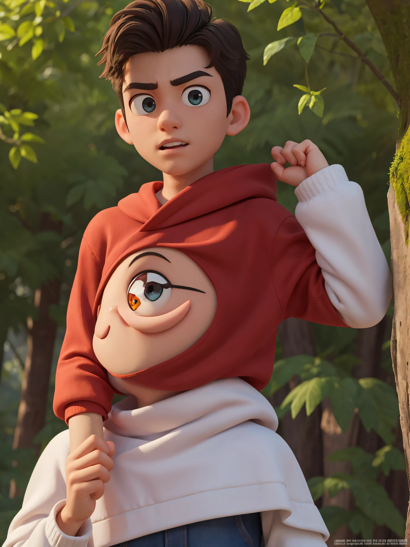 Masterpiece, best quality, official art,extremely detailed CG unity 8k wallpaper, 1 man, 20 years old, handsome face, handsome Chad chin, short Middle parted hair, The forehead is not covered by hair, Wearing a long-sleeved black hoodie, Flat facial expression, Background in the forest, close up to face, close up, Looking forward, looking at the camera.