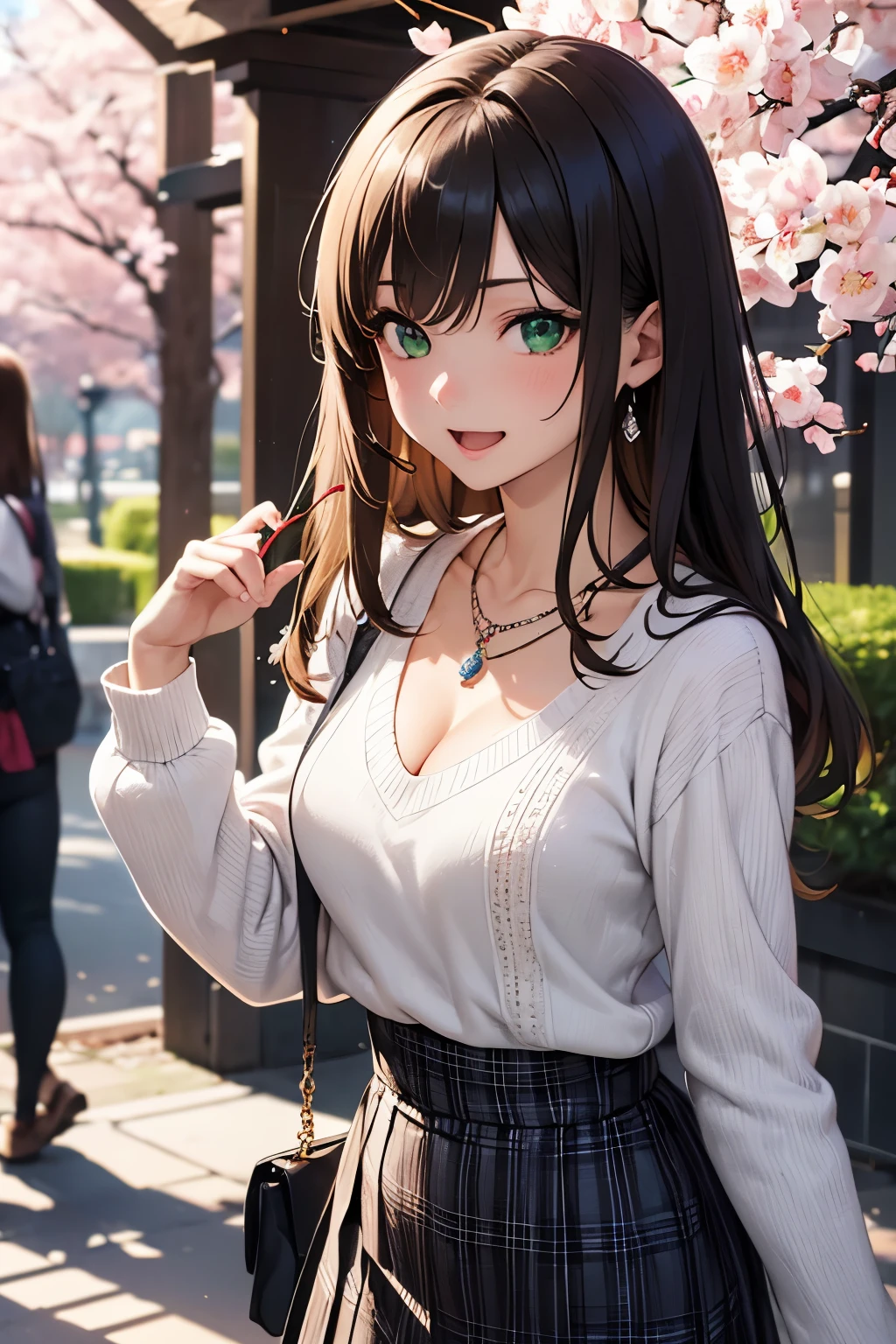 ((masutepiece, Best Quality, hight resolution, nffsw, Perfect Pixel, depth of fields, 4K, nffsw, nffsw))), 1girl in, Single, Solo, Beautiful anime girl, Beautiful Art Style, Anime Character, ((Long hair, Bangs, Brown hair)), ((Green eyes:1.4, rounded eyes, Beautiful eyelashes, Realistic eyes)), ((Detailed face, Blushing:1.2)), ((Smooth texture:0.75, Realistic texture:0.65, Photorealistic:1.1, Anime CG style)), ((medium breasts, cleavage, busty)), Dynamic Angle, Perfect body, ((POV, Selfie Pose, Portrait)), ((White sweater, Long sleeve, Black skirt, plaid skirts, Fashionable, 1 handbag, 1 diamond necklace)), Smile, Open mouth, amusement park, ((The cherry tree, Cherry blossoms fall))