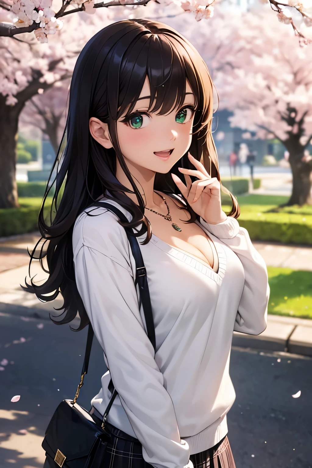 ((masutepiece, Best Quality, hight resolution, nffsw, Perfect Pixel, depth of fields, 4K, nffsw, nffsw))), 1girl in, Single, Solo, Beautiful anime girl, Beautiful Art Style, Anime Character, ((Long hair, Bangs, Brown hair)), ((Green eyes:1.4, rounded eyes, Beautiful eyelashes, Realistic eyes)), ((Detailed face, Blushing:1.2)), ((Smooth texture:0.75, Realistic texture:0.65, Photorealistic:1.1, Anime CG style)), ((medium breasts, cleavage, busty)), Dynamic Angle, Perfect body, ((POV, Selfie Pose, Portrait)), ((White sweater, Long sleeve, Black skirt, plaid skirts, Fashionable, 1 handbag, 1 diamond necklace)), Smile, Open mouth, amusement park, ((The cherry tree, Cherry blossoms fall))