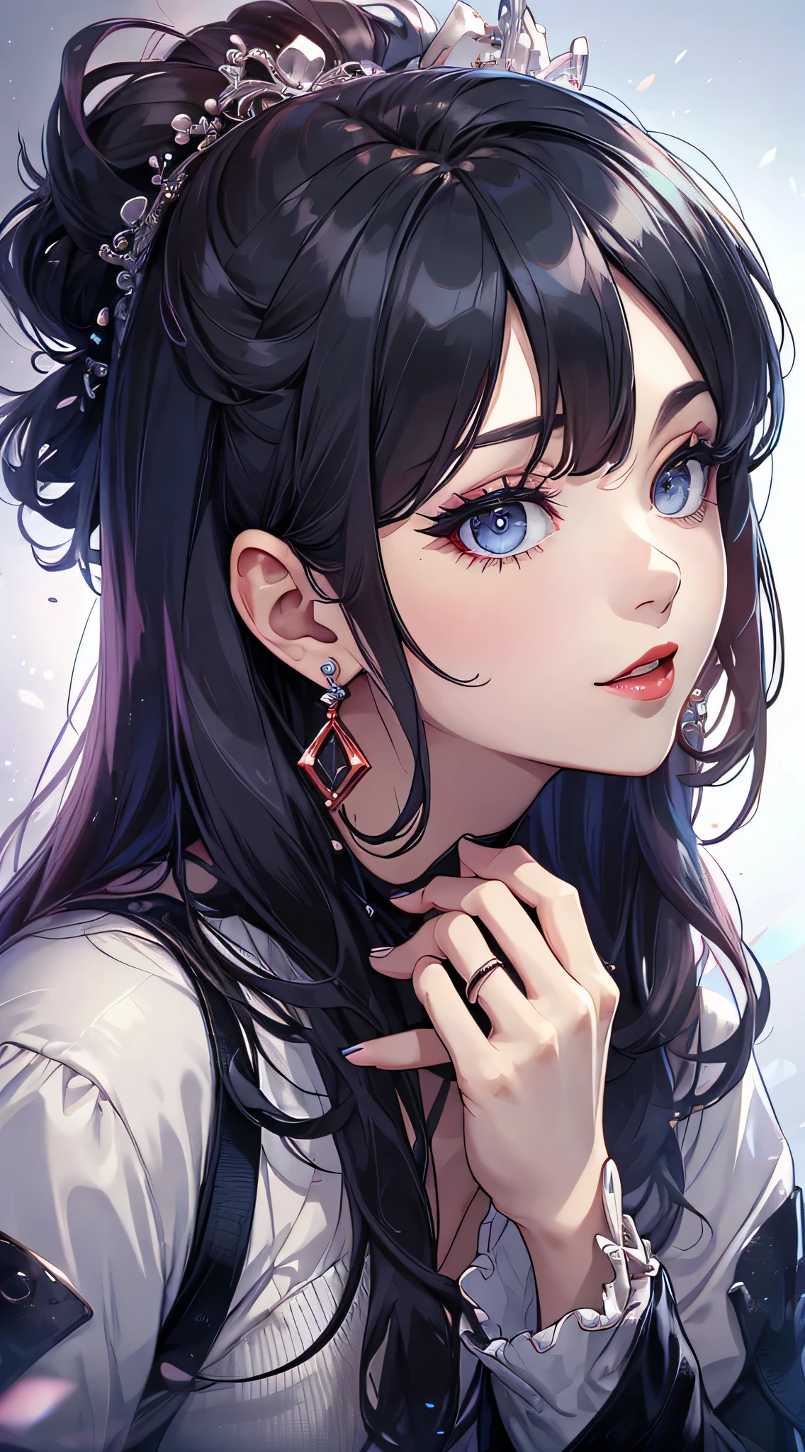top-quality、Top image quality、masterpiece、Teenage girl((White shirt、Long black trousers、18year old、 Ager、Best Bust、big bast,Black eyes, blue hairs、A slender,Large valleys、red lipstick makeup、Cute earrings、銀の腕時計、Bring your chest together、Sit up、Eyeshadow that colors your eyes with a captivating pose、all-fours)),hiquality、Beautiful Art、Background with((white walls、Photography Studio))masterpiece、depth of fields,Camera Film Style