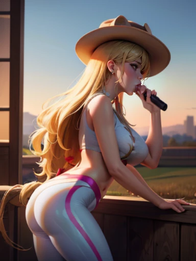 AppleJack, AppleJack from my little pony, AppleJack in the form of a girl, long hair, Wild hair, cowboy hat, apple earrings, on a farm with apple trees, steampunk style, a lot of magic, lightning nets, best quality, very detailed, ultra 8k resolution, (cum on clothes:1.5), , Cyberpunk. 1girl, female, sozinho, background with buildings far away, avenida, luzes vermelhas, Preto e branco (melhor qualidade), (realista,fotorrealista:1,37), (obra prima), linda garota, middlebreasts, top vermelho, black legging pants, (cum on leggings:1.4), blush, humiliated, nsfw, oral, blowjob, ((fellatio)), irrumatio, looking at viewer, sucking penis, big breas