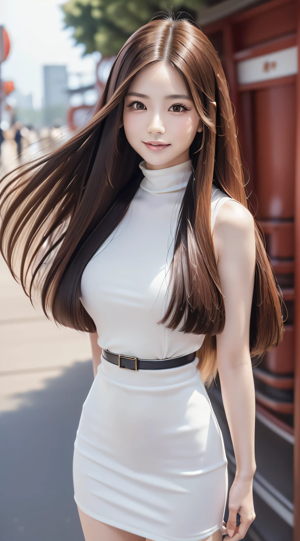 (Refreshing smile:1.5),(Look at viewers:1.1),(hide one's hands:2.0),(Beautiful Japan Woman),(straight haired, Long hair, strong wind in the hair:1.5), ( High neck sleeveless , tight skirts:1.5), (high-heels;1.3), detailed clothes, (Perfect female body), (Narrow waist:1.5), (Bust Up Portrait:1.3), Dynamic Pose, Cinematic Light, 135 mm, Fuji Film,