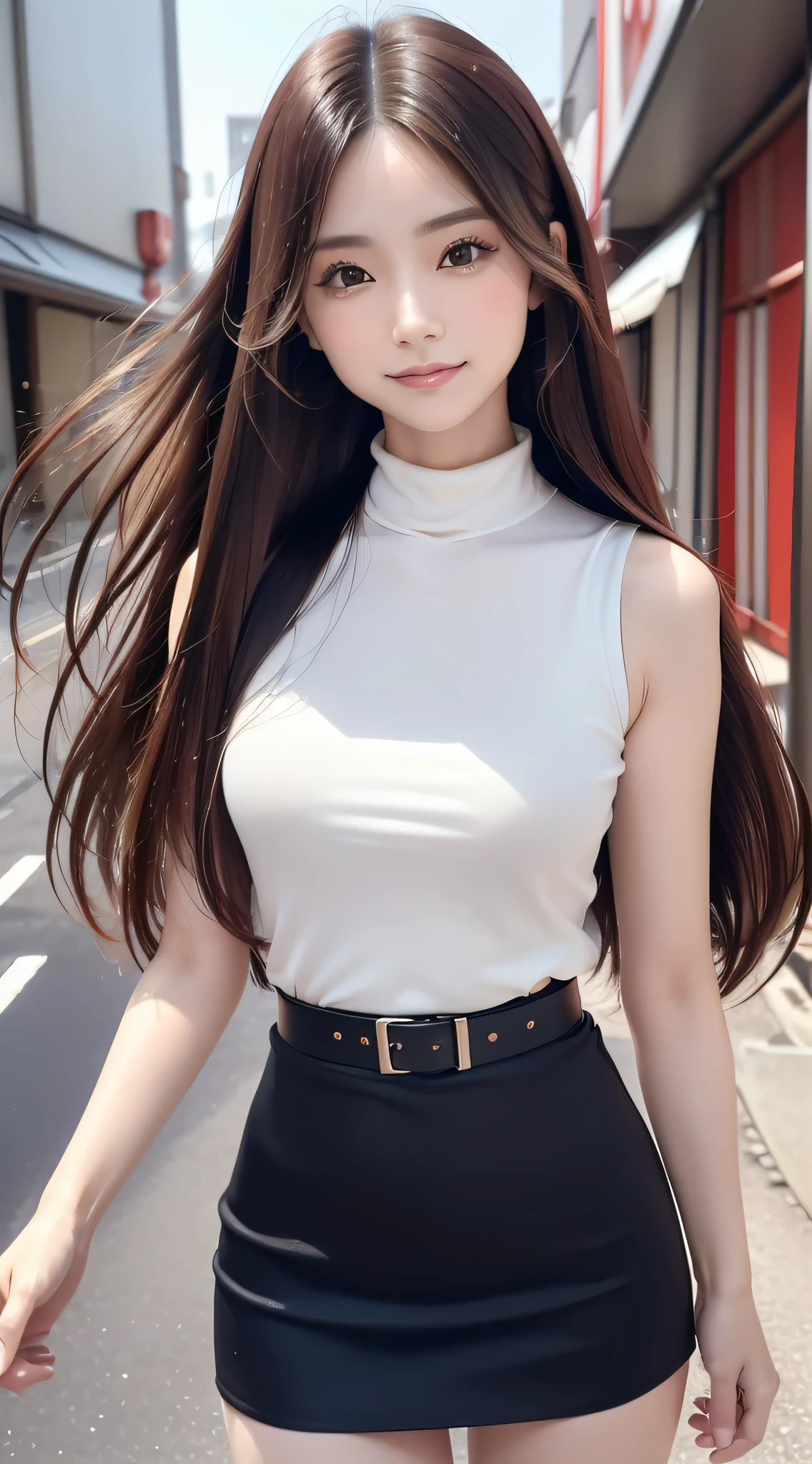 (Refreshing smile:1.5),(Look at viewers:1.1）,（hide one's hands:2.0）,(Beautiful Japan Woman）,（straight haired, Long hair, strong wind in the hair:1.5), （ High neck sleeveless , tight skirts:1.5), （high-heels;1.3), detailed  clothes, (Perfect female body), (Narrow waist:1.5), (Bust Up Portrait:1.3),   Dynamic Pose, Cinematic Light, 135 mm, Fuji Film,