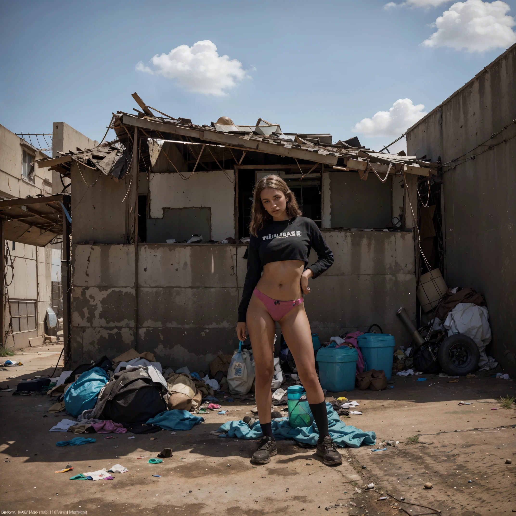 Two girls,full body shot,high angel,realistic portrait of beautiful girl standing,dirty skin,wear crop top and black underwear ,(best quality,4k,8k,high resolution,masterpiece:1.2),ultra-detailed,realistic(1.37)
girl, intense gaze, dirty blonde hair, piercing blue eyes, rosy cheeks, freckles, vibrant pink lips
garbage dump, piles of waste, discarded junk, plastic bottles, broken appliances, scattered papers
grimy surroundings, dust particles floating in the air
overcast sky, dark clouds, smoky atmosphere, gloomy mood
street graffiti, vibrant colors, spray paint, artistic expressions
abandoned tires, rusted metal, decaying wooden planks, broken glass
harsh lighting, shadows cast by the garbage, dramatic contrast
desolation, poverty, social issues, environmental degradation