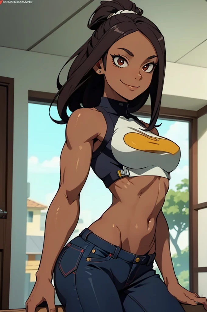 linda mulher morena, Mirko, boku no hero academia, Orelhas de coelho, ((dark skinned female)), ((pele escura)), olhos vermelhos, Mangas, luvas brancas, malha de perna alta, (cabelos brancos, cabelos longos), seios grandes, colar de pele, coxas roxas, malha branca, Noite, Olhando para o Viewer, Sorriso, House, cama, musculoso, Muscle, barriga