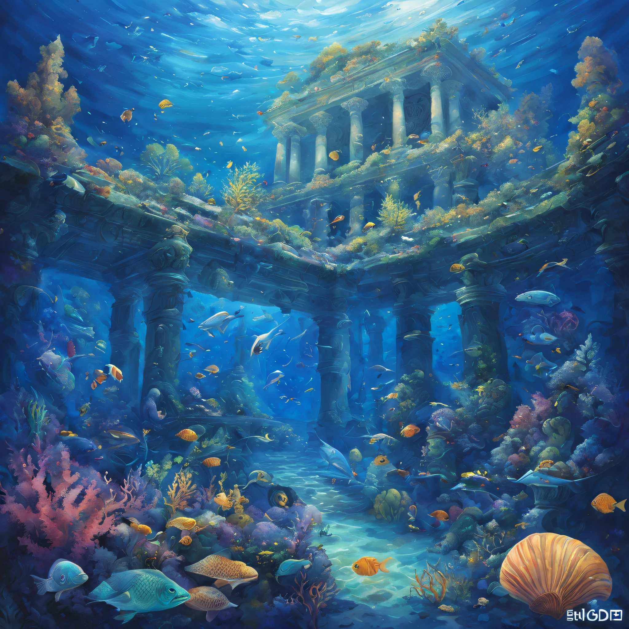 oil painted,the ocean,Under water,magia,mistic,(Ancient city ruins surrounded by seaweed),Beautiful coral reef with aquatic plants,Colorful fish swim around,Nipples clearly visible,Ethereal atmosphere,Mermaid marble statue、Whispering Shell、Glowing jellyfish、ancient symbols and texts、惊人的美丽和古老的magia,Uncover the mysteries of the underwater world