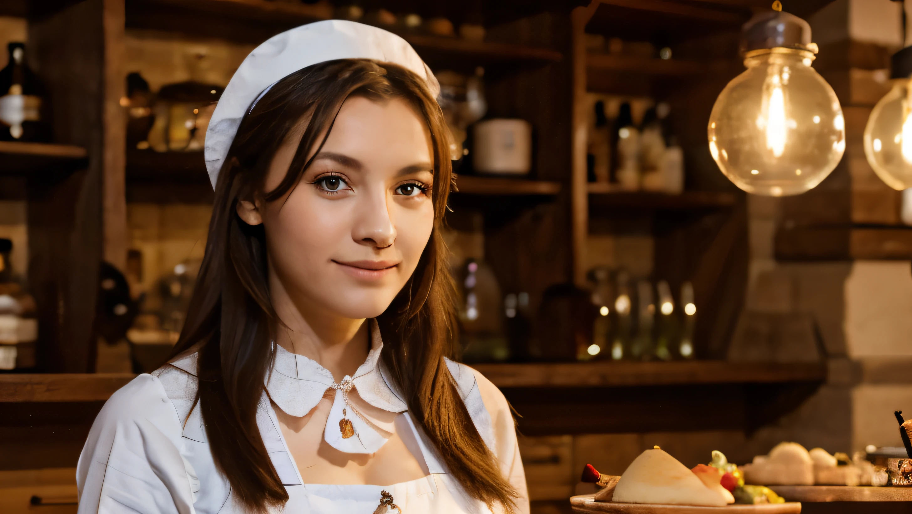 Hungarian chef, nice girl, dressed in traditional dress, goulash in the background