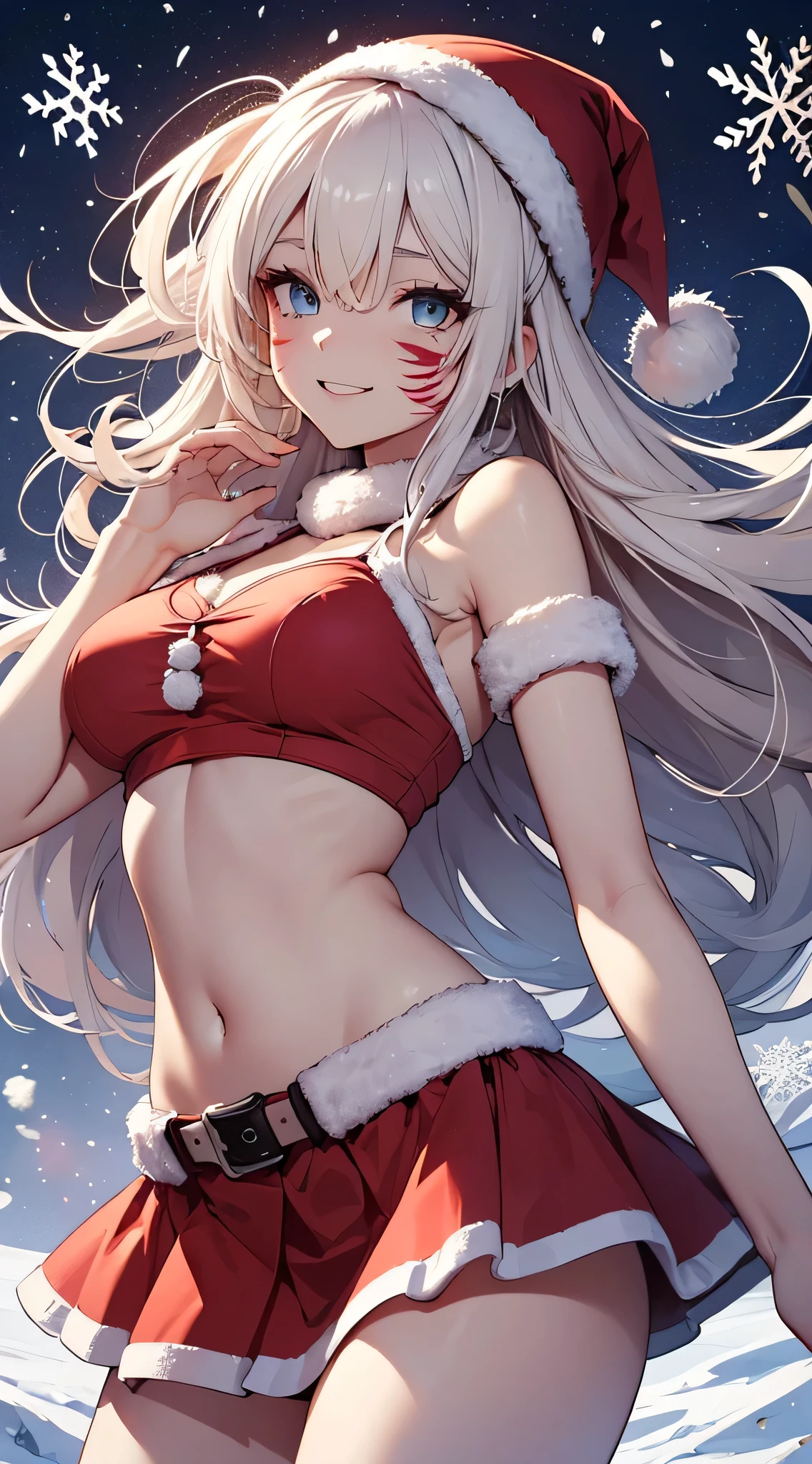 top-quality、Top image quality、masterpiece、teens girl((Cute Santa Costumes、santa style short skirt、santa style tank top、sixteen years old、 Ager、Best Bust、big bast,Beautiful wide open light blue eyerest, a blond、A slender,Large valleys、dye one's cheeks red、Straighten your back、White breath、Reflecting the whole body、Laugh、jamping、reaching out her hands、dye one's cheeks red、A slight smil、Red Body Paint、Red Face Paint)),hiquality、Beautiful Art、Background with(( crystalline、sky at night、snowflakes falling、大snowflakes falling、snowman、 A world where snow piles up)))、masutepiece、depth of fields,Flying in the sky