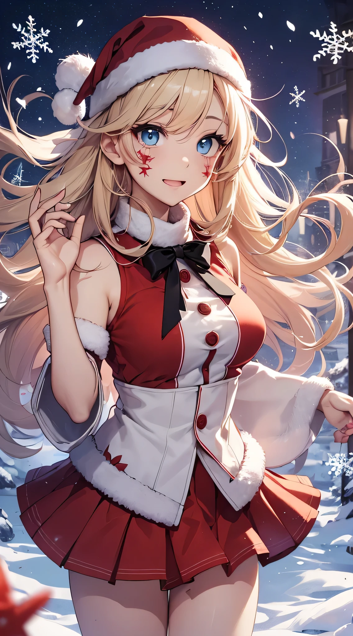 top-quality、Top image quality、masterpiece、teens girl((Cute Santa Costumes、santa style short skirt、santa style tank top、sixteen years old、 Ager、Best Bust、big bast,wide open breasts、Beautiful light blue eyerest, a blond、A slender,Large valleys、Reflecting the whole body、Laugh、dye one's cheeks red、Red Body Paint、Red Face Paint、be shy、heart mark、face to viewer、Give the gift bag to the viewer、)),hiquality、Beautiful Art、Background with(( natta、snowflakes falling、Nice and clean room.、Christmas Party、Party Venue、Christmas Lights、Christmas tree、)))、masutepiece、depth of fields,