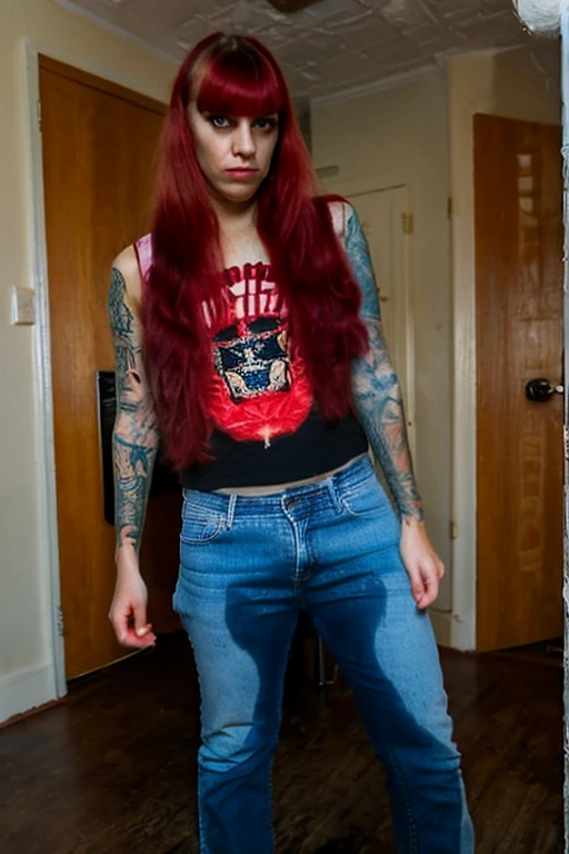 photo, woman, punk, ((peeing self)), dyed red hair, bangs, tattoos,  standing, skinny jeans, shocked, looking at camera, inside
