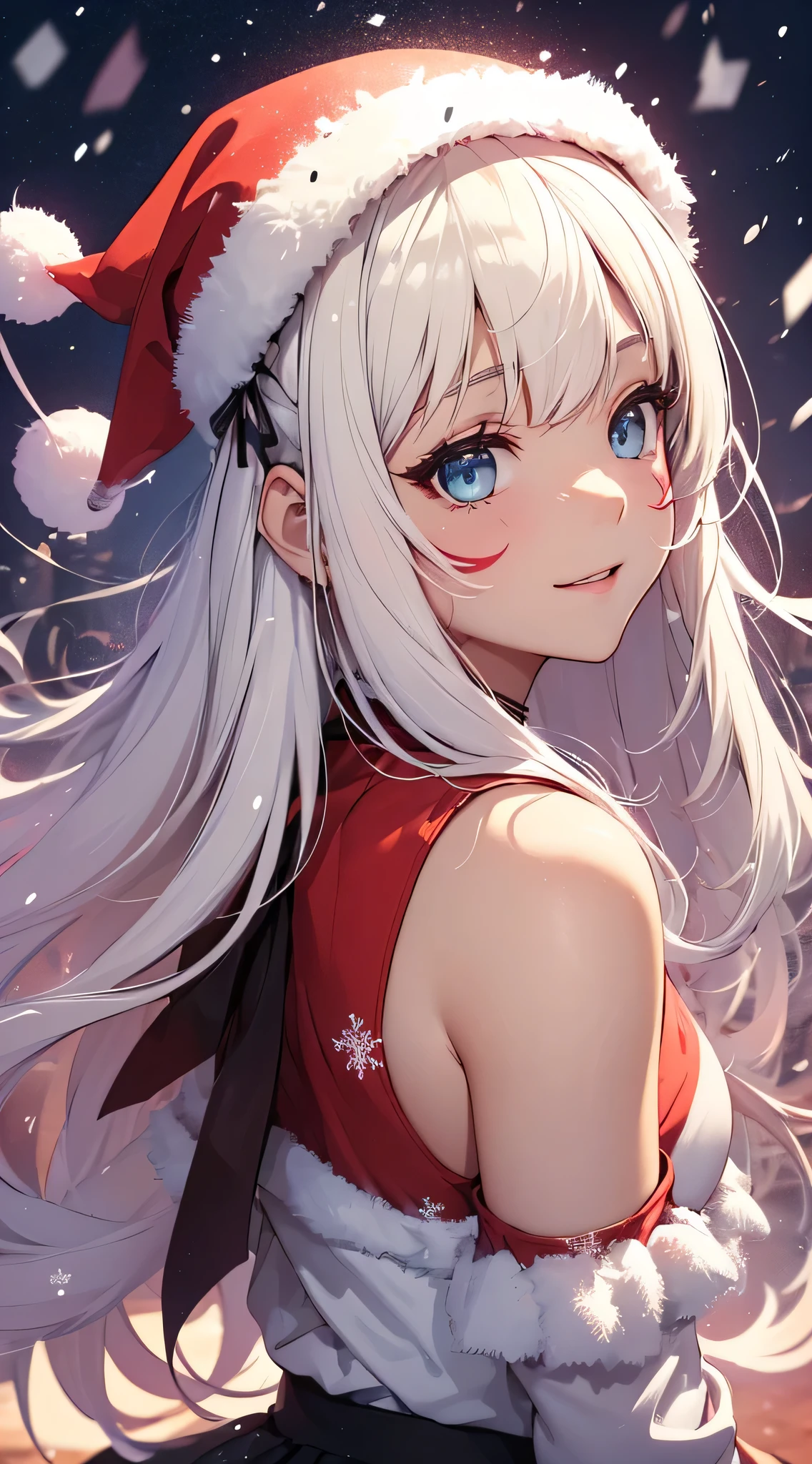 1 woman, white hair, blue eyes, lingerie, Santa hat, Christmas, masterpiece, best quality. perfect face smile