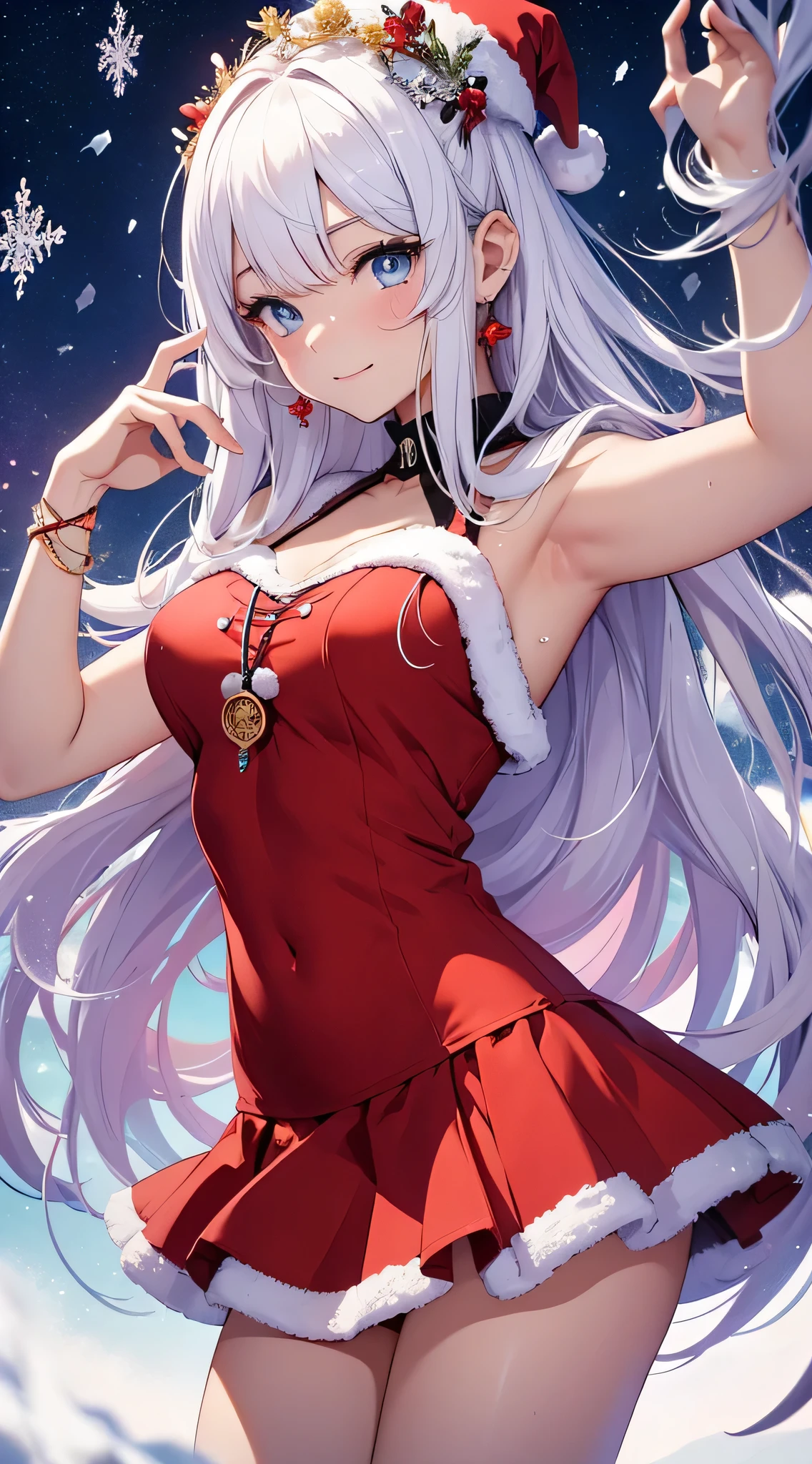 top-quality、Top image quality、masterpiece、s girl((Cute Santa Costumes、santa style short skirt、santa style tank top、sixteen years old、 Ager、Best Bust、big bast,Beautiful wide open light blue eyerest, a blond、A slender,Large valleys、dye one's cheeks red、Straighten your back、White breath、Reflecting the whole body、Laugh、jamping、reaching out her hands、dye one's cheeks red、A slight smil、Red Body Paint、Red Face Paint)),hiquality、Beautiful Art、Background with(( crystalline、sky at night、snowflakes falling、大snowflakes falling、snowman、 A world where snow piles up)))、masutepiece、depth of fields,Flying in the sky
