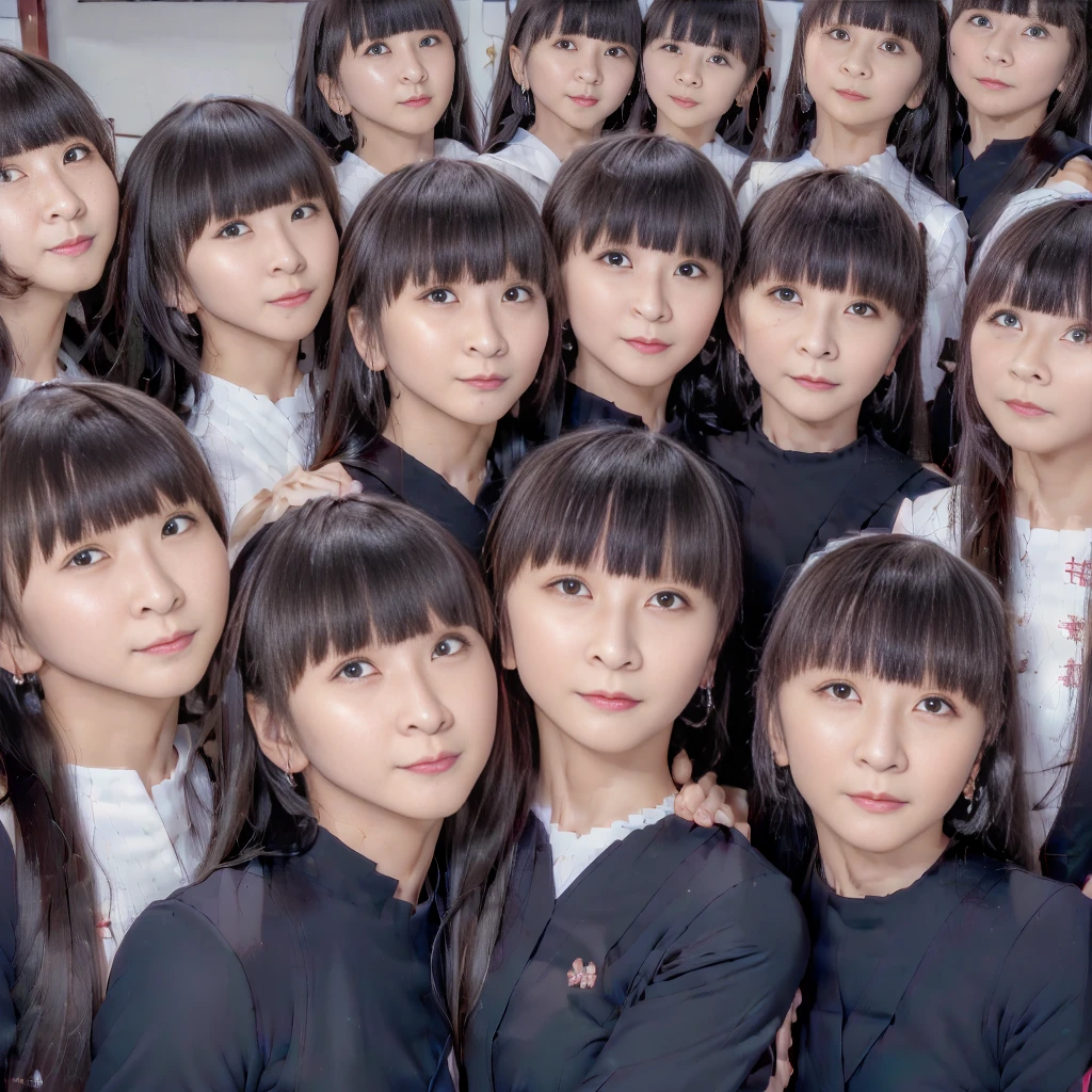 Raw photo、(((multiple girls))),((((6+girls)))),((((100girls)))),(((1000girls)))、((((100 Girls))))、((cloned face)),Women only、The same face、((matching sailor suit))、ars old、A dark-haired、100 cute high school girls、a smile、inside a classroom、selfee、same person、(((Large group)))