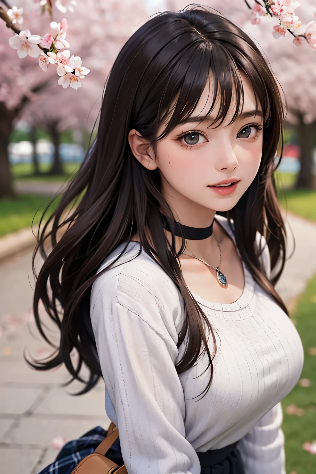 ((masutepiece, Best Quality, hight resolution, nffsw, Perfect Pixel, depth of fields, 4K, nffsw, nffsw))), 1girl in, Single, Solo, Beautiful anime girl, Beautiful Art Style, Anime Character, ((Long hair, Bangs, Brown hair)), ((Green eyes:1.4, rounded eyes, Beautiful eyelashes, Realistic eyes)), ((Detailed face, Blushing:1.2)), ((Smooth texture:0.75, Realistic texture:0.65, Photorealistic:1.1, Anime CG style)), ((medium breasts, cleavage, busty)), Dynamic Angle, Perfect body, ((POV, Selfie Pose, Portrait)), ((White sweater, Long sleeve, Black skirt, plaid skirts, Fashionable, 1 handbag, 1 diamond necklace)), Smile, Open mouth, amusement park, ((The cherry tree, Cherry blossoms fall))