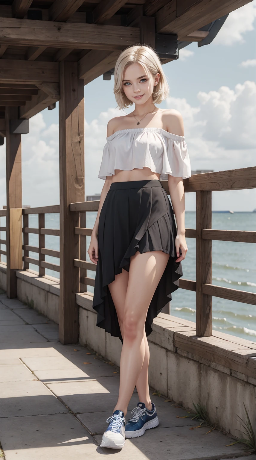 24-year-old Caucasian woman、hair is platinum blonde、Eye color is blue、Medium hair、Slender but well-proportioned muscular man、She is wearing an off-shoulder top with frilly frills.、She is wearing a low-rise pleated skirt.、wearing sports shoes、I'm at the seaside park in town、a smile