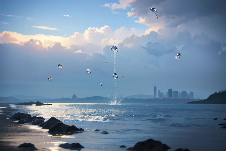 Many chunks of water are floating in the air