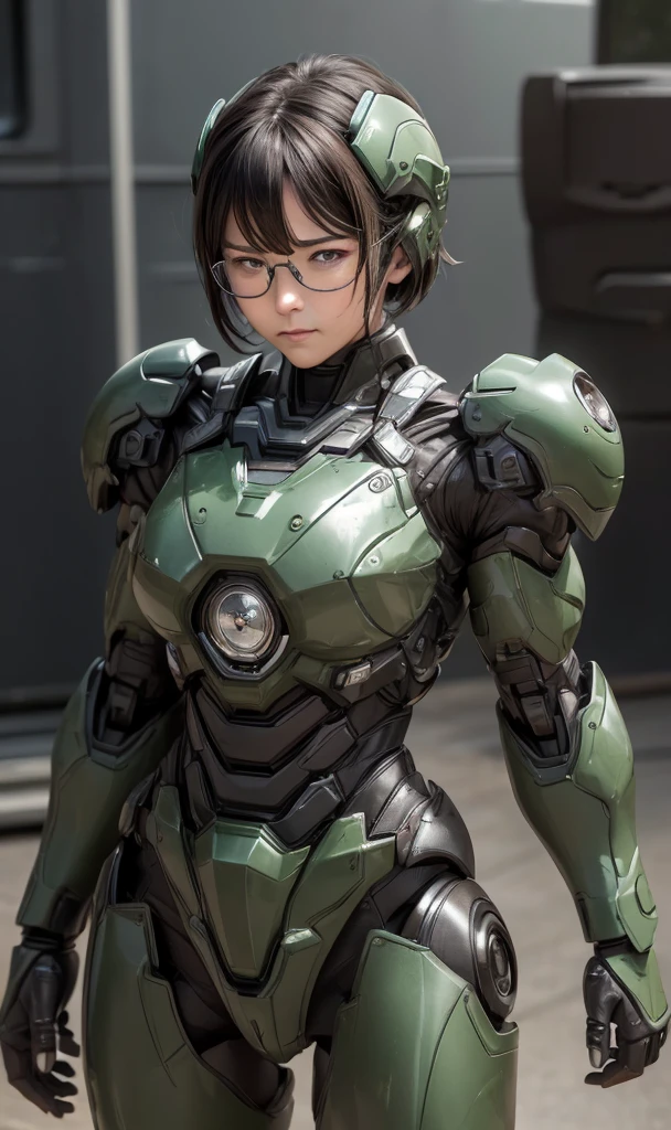 Textured skin, Super Detail, high details, High quality, Best Quality, hight resolution, 1080p, hard disk, Beautiful,(War Machine),beautiful cyborg woman,Dark Green Mecha Cyborg Girl,battleing,Girl with a Mecha Body,、Junior high school girls　Very Shorthair、sweaty brown eyes、Sweaty face、Embarrassed expression　Blushing　cute little　A dark-haired　((Steam from the head)) eye glasses　crouch down　Spread your crotch　M leg opening　(Shyness)