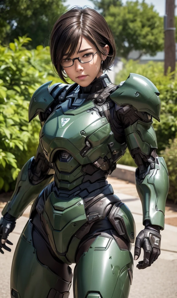 Textured skin, Super Detail, high details, High quality, Best Quality, hight resolution, 1080p, hard disk, Beautiful,(War Machine),beautiful cyborg woman,Dark Green Mecha Cyborg Girl,battleing,Girl with a Mecha Body,、Junior high school girls Very Shorthair、sweaty brown eyes、Sweaty face、Embarrassed expression Blushing cute little A dark-haired ((Steam from the head)) eye glasses crouch down Spread your crotch M leg opening (Shyness)