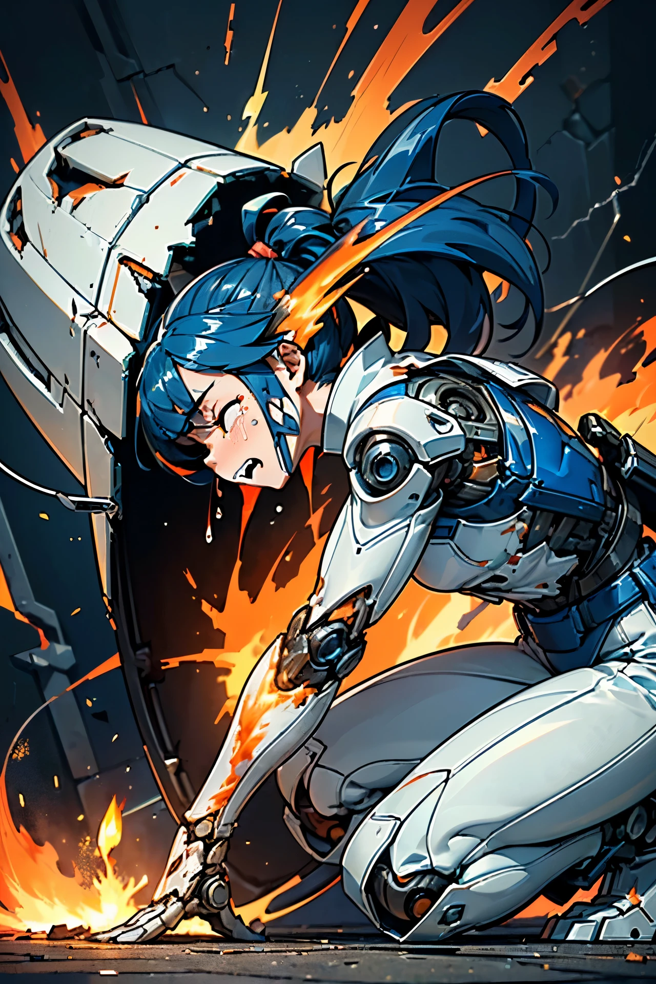 (((masterpiece))), Girl Robot, (loli:1.4), (Gamine:1.5), (Streamlined body based on white), White and navy blue pilot suit, White and navy blue tight-fitting clothing, White and navy blue thigh cover pants, White and navy blue shoulder cover clothes, White and navy blue shiny clothes, Navy blue tight-fitting pants that hide the legs, (A body destroyed to pieces:1.4), (The body has many tears and scratches:1.4), (Machines and cables visible through the cracks in the body:1.4), (The body overheated and exploded:1.4), (The overheated body exploded:1.4), (The overheated body spewed out a large amount of flame and exploded.:1.4), (The body overheated and exploded:1.2), (A body destroyed to pieces:1.5), (A large body explosion causes a large amount of orange flame to be breathed out from the cracks in the body.:1.4), (Clenching teeth:1.4), (Close both eyes:1.4), (Crying hard:1.4), (Dark blue hair ponytail:1.4), (Get down on both knees:1.4), (Mechanical joints:1.4), (Machine body:1.4), (from side:1.3), (looking away:1.3), mecha musume, mechanical parts, robot joints, headgear