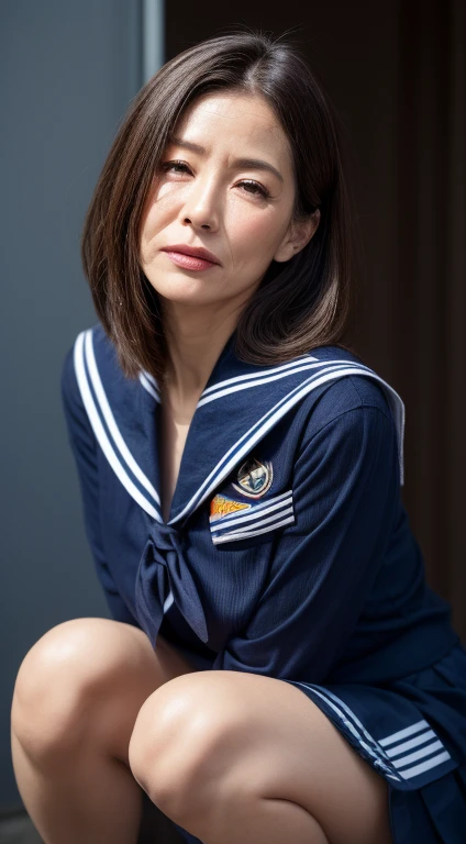(Best Quality, hight resolution, Hires, Skin definition, Detailed skin, Detailed eyes, Detailed face, 4K, 日本人A MILF, (Solo), (((70 years old))), (Wrinkles at the corners of the eyes:1.9), (nasolabial folds:1.9), A MILF, glamor, A sexy, Chromo-white skin, (((Longhaire))), Looking at Viewer,(((my skin is old:0.3))), ((muscles are old:0.3)), ((Japanese Models)), 4K, 8K, (photoRealistic:1.5), Realistic, nffsw, Beautiful, (((makeup:1.0))), small diamond necklace, piercings, {(((white and navy sailor))), (((uniform))), (((a sailor suit))), (((neckerchief))), Navel is visible, (((Dark blue pleated skirt))),(micromini skirt)}, lowfers, thick thighs, big butts, wide hips, Curve, Classroom, Spread legs, Squatting, Full body photo
